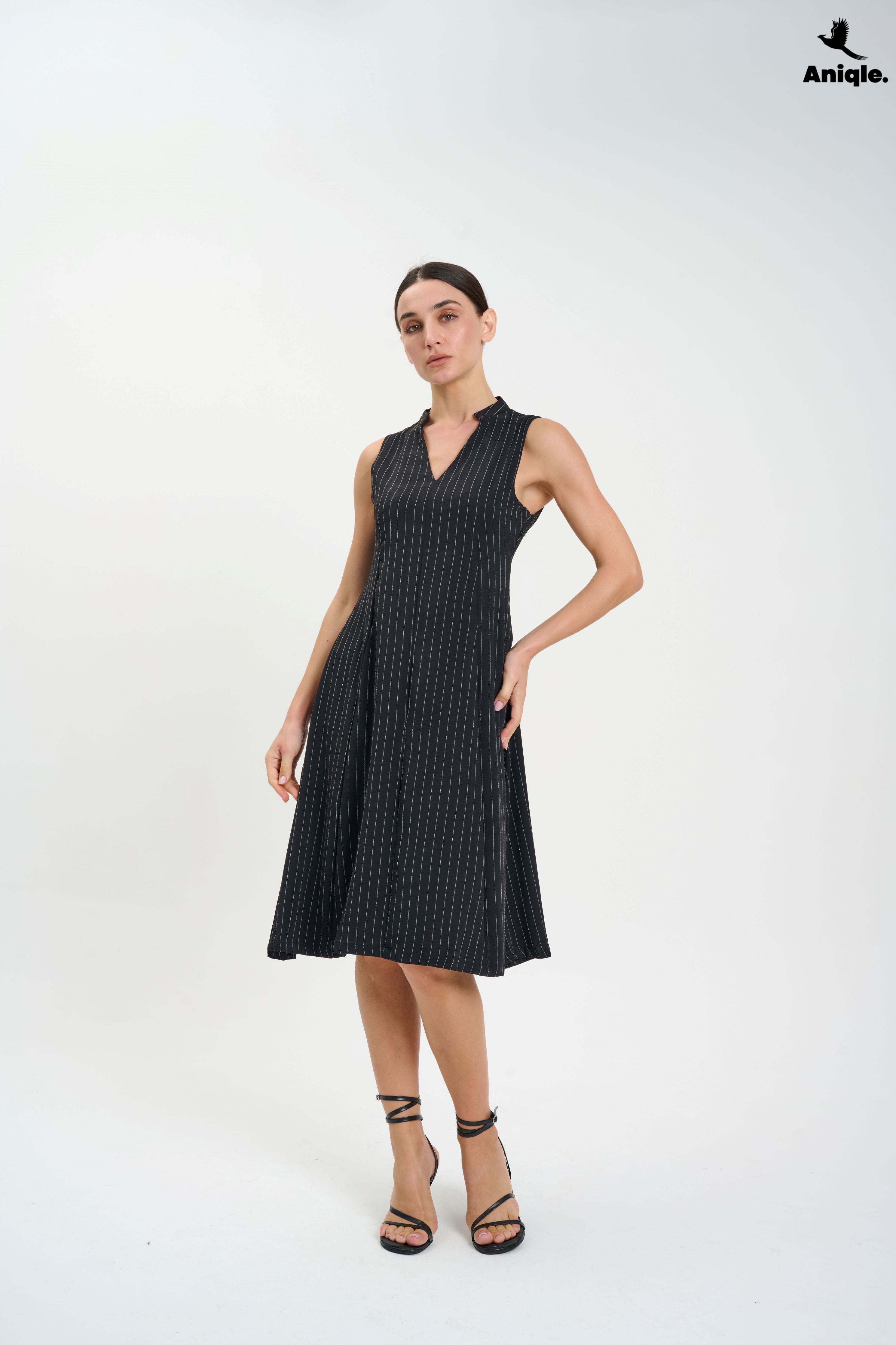 ANQ-10020 Black Sleeveless Pinstripe Midi Dress