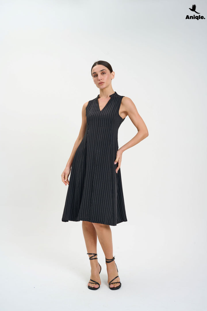 Black Sleeveless Pinstripe Midi Dress