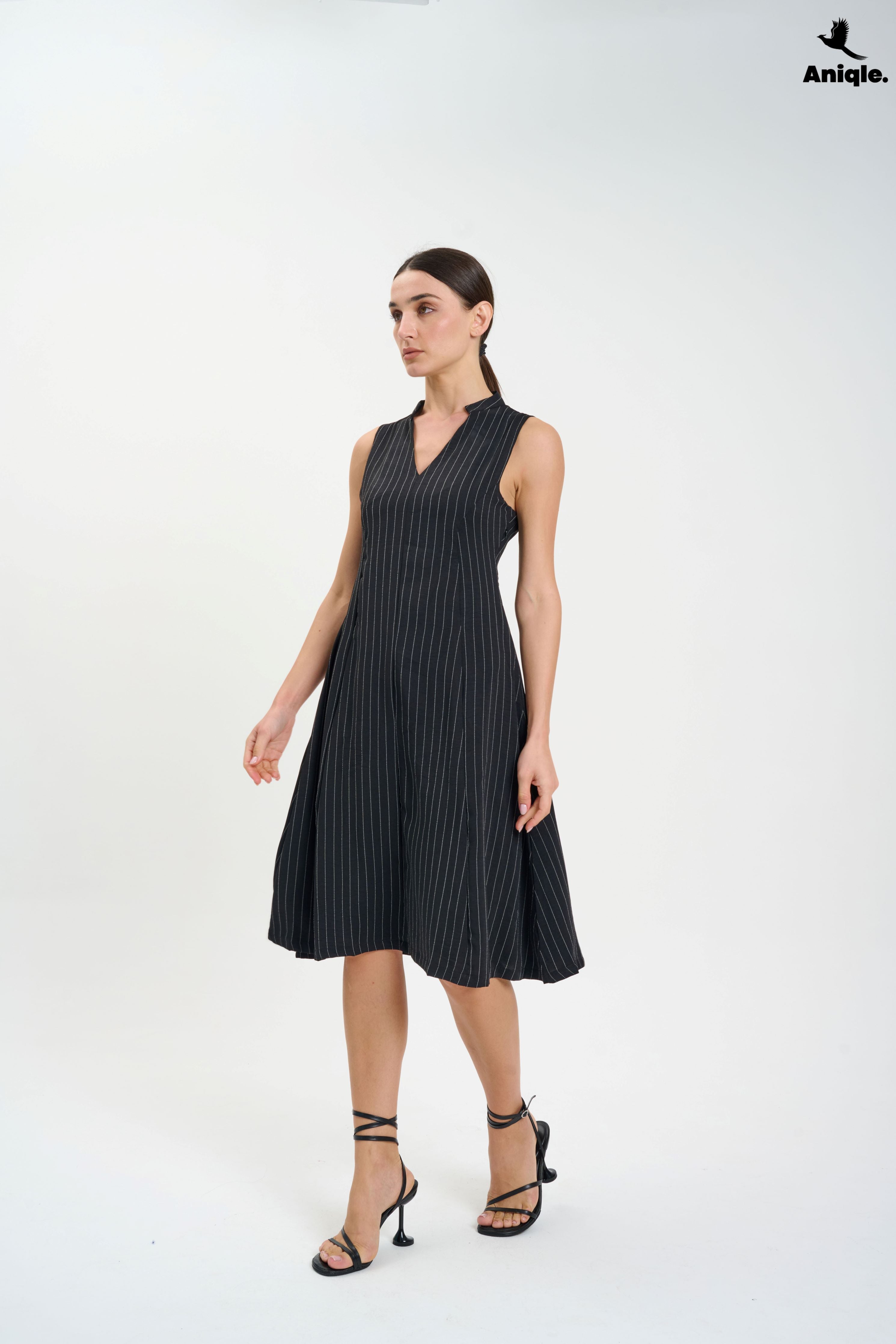 ANQ-10020 Black Sleeveless Pinstripe Midi Dress