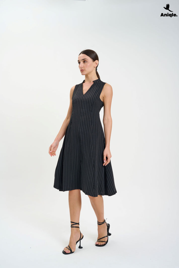 Black Sleeveless Pinstripe Midi Dress