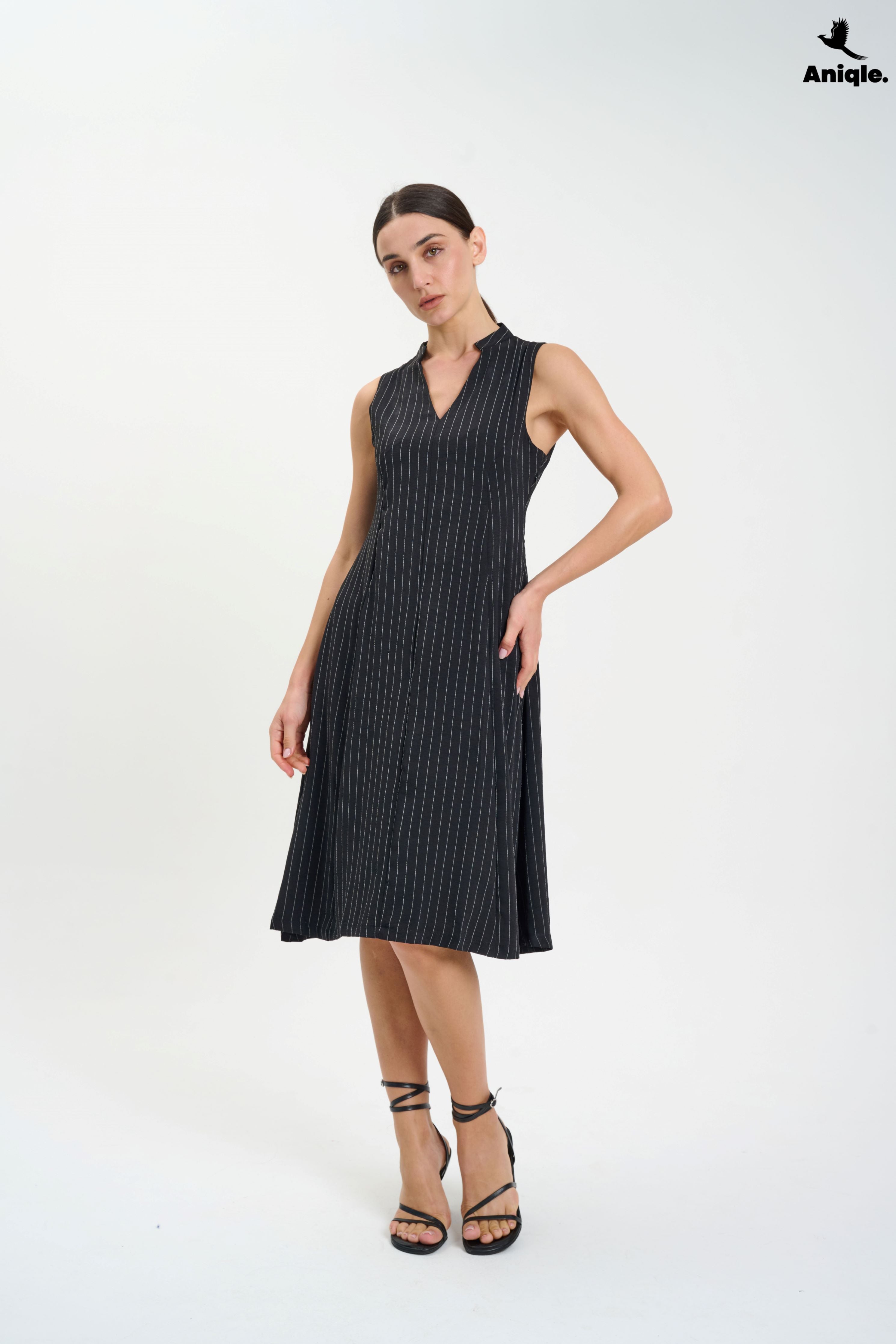 ANQ-10020 Black Sleeveless Pinstripe Midi Dress