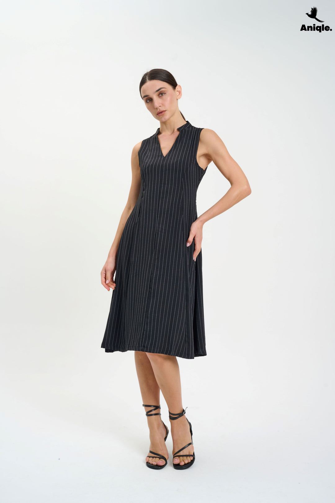 Black Sleeveless Pinstripe Midi Dress