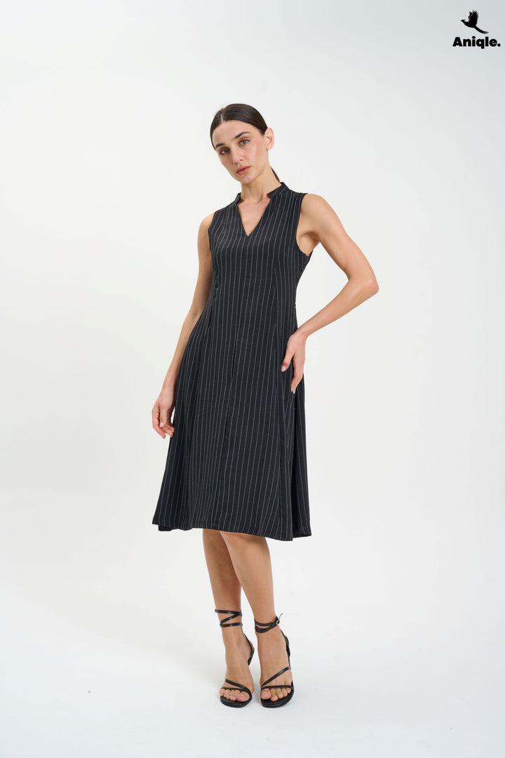 Black Sleeveless Pinstripe Midi Dress