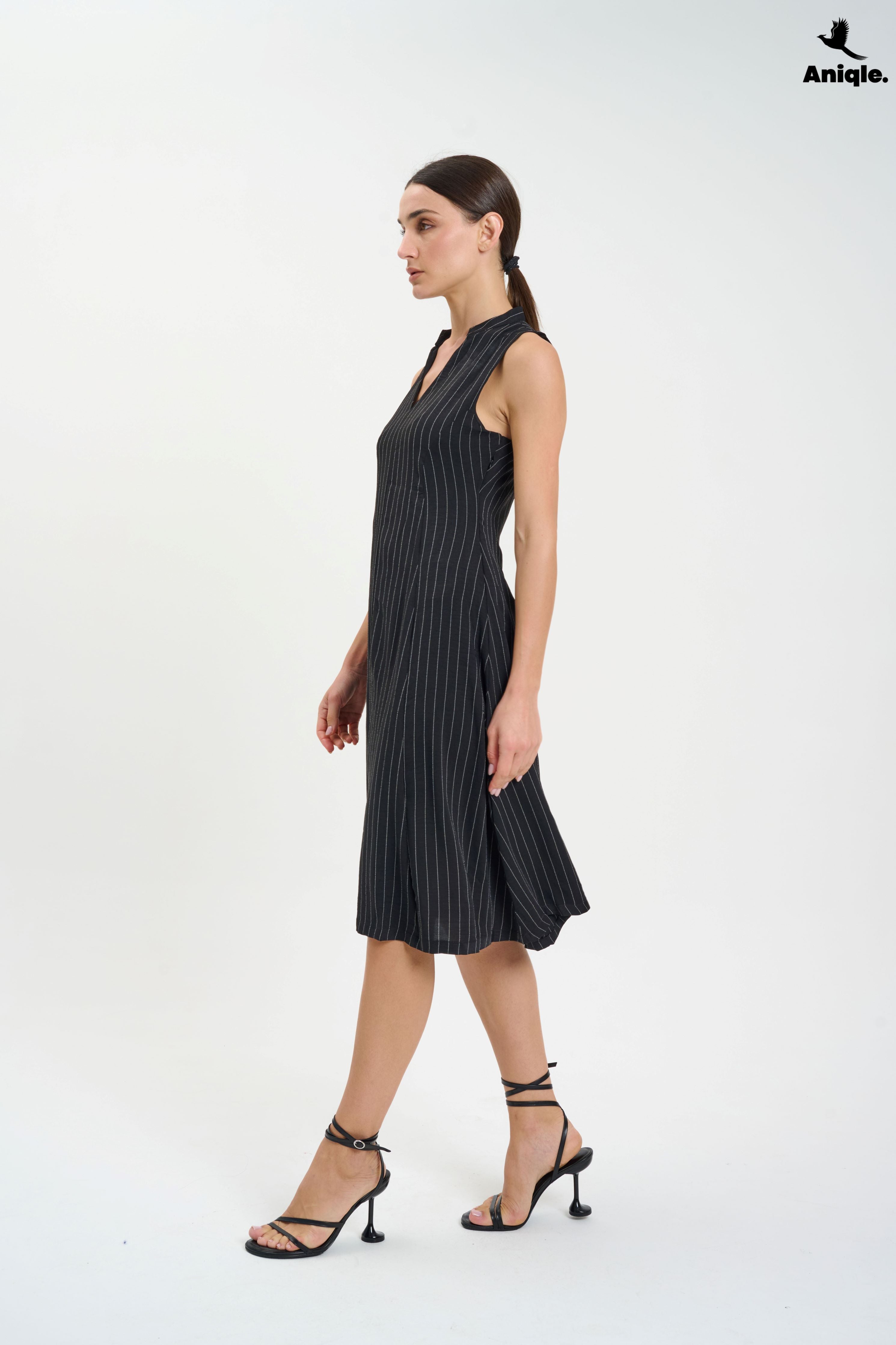 ANQ-10020 Black Sleeveless Pinstripe Midi Dress