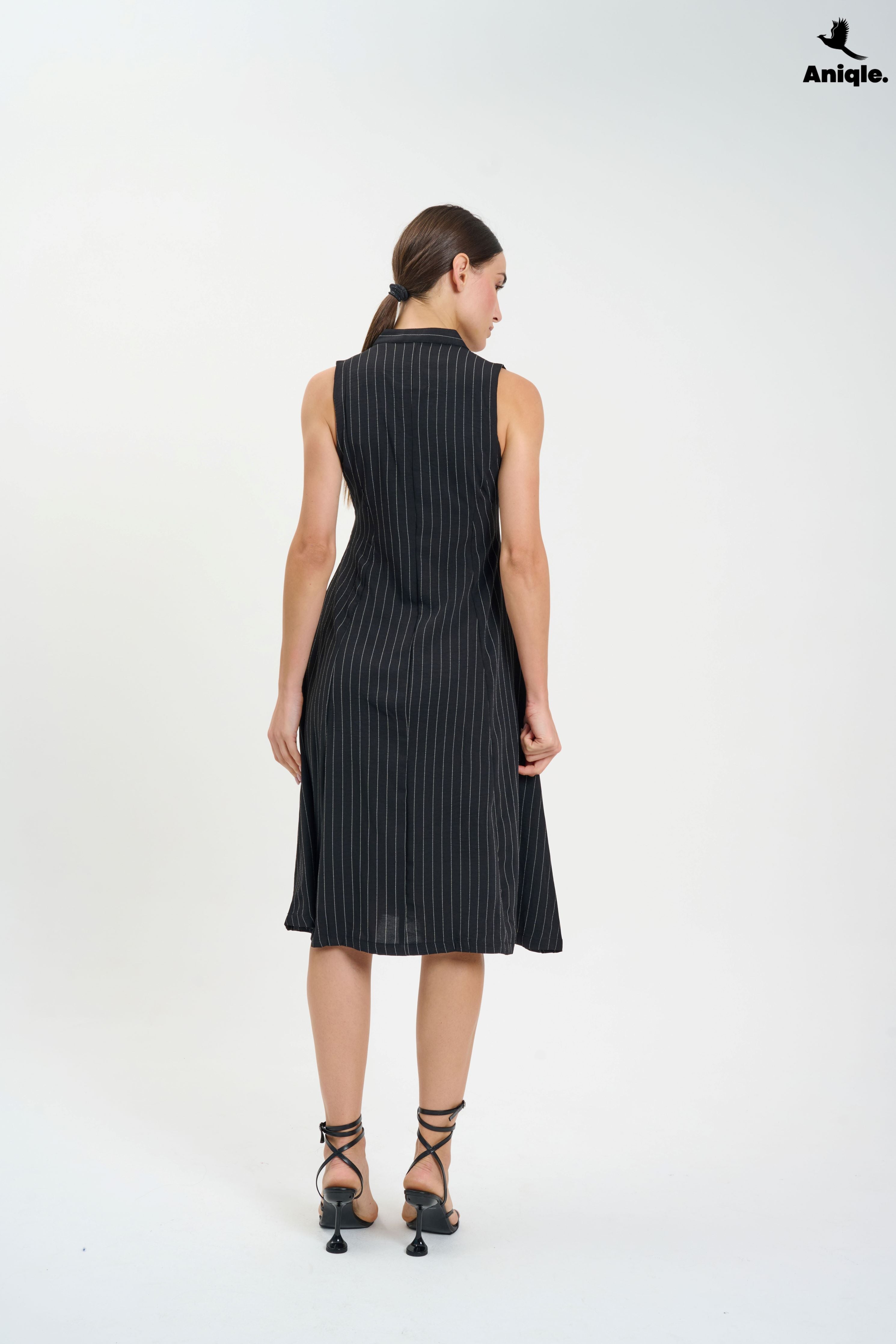 ANQ-10020 Black Sleeveless Pinstripe Midi Dress
