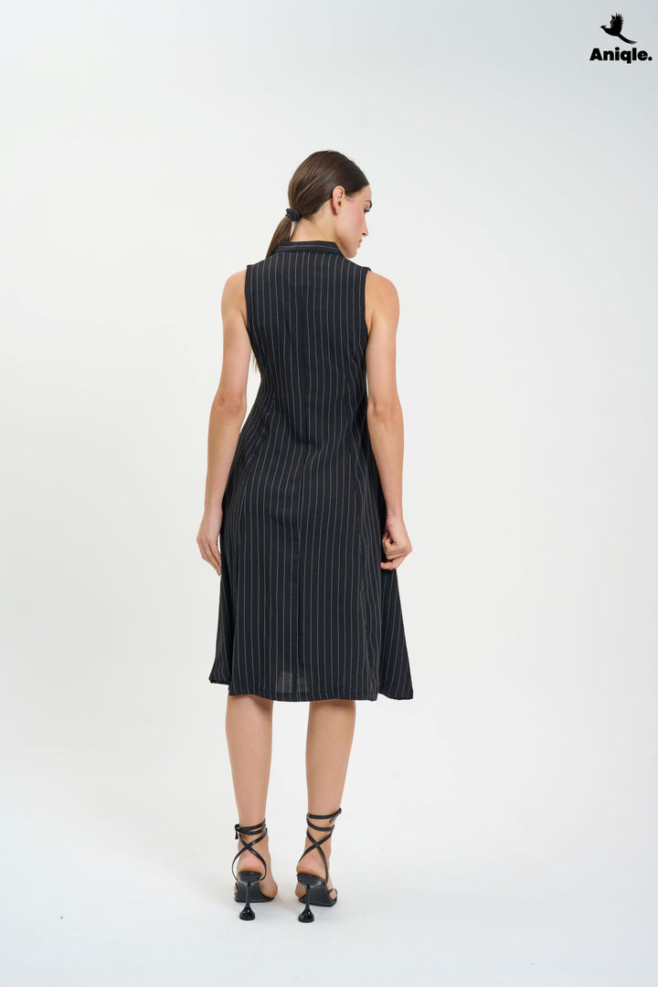 Black Sleeveless Pinstripe Midi Dress