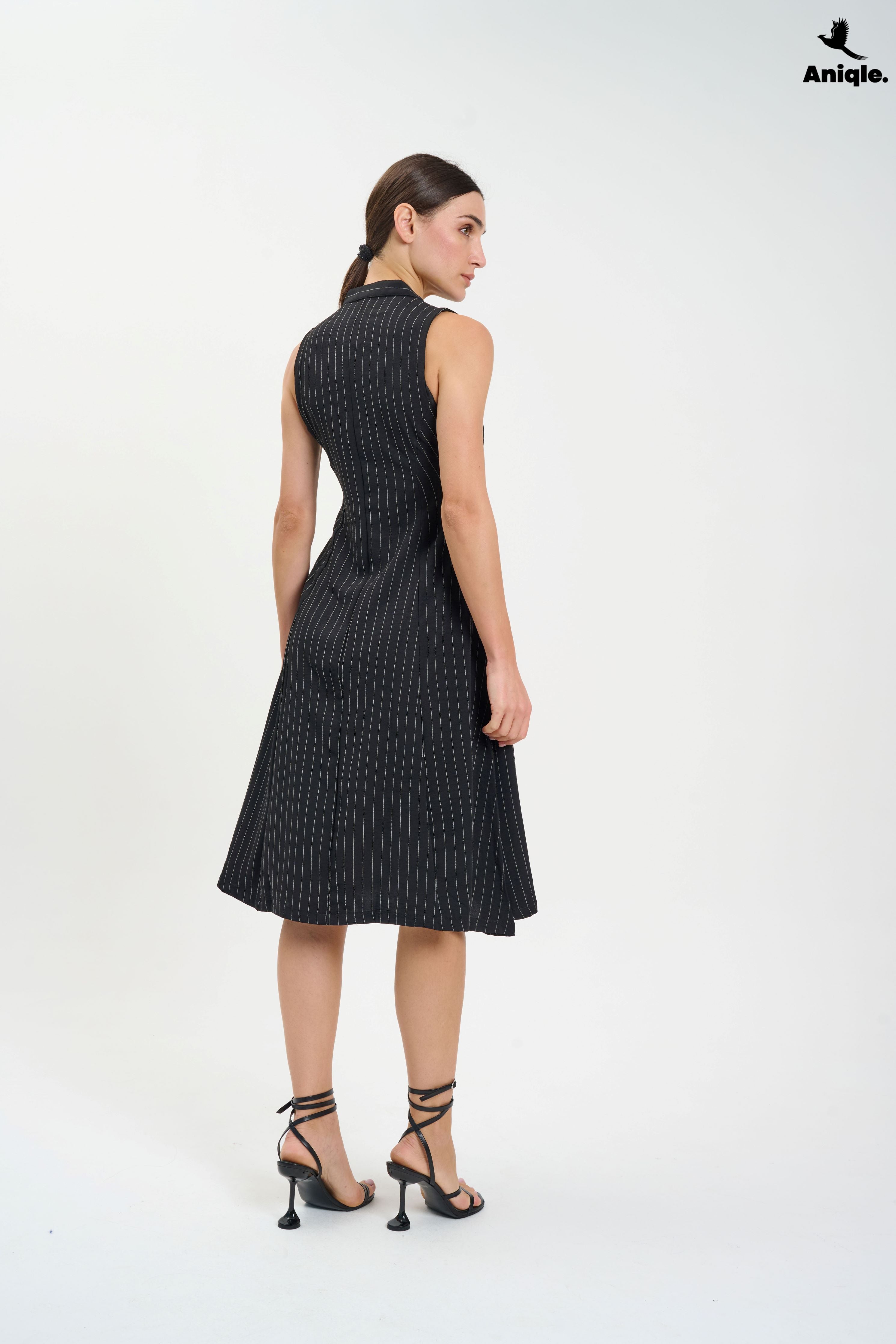 ANQ-10020 Black Sleeveless Pinstripe Midi Dress