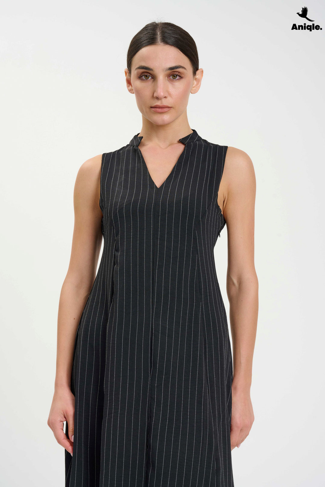 Black Sleeveless Pinstripe Midi Dress