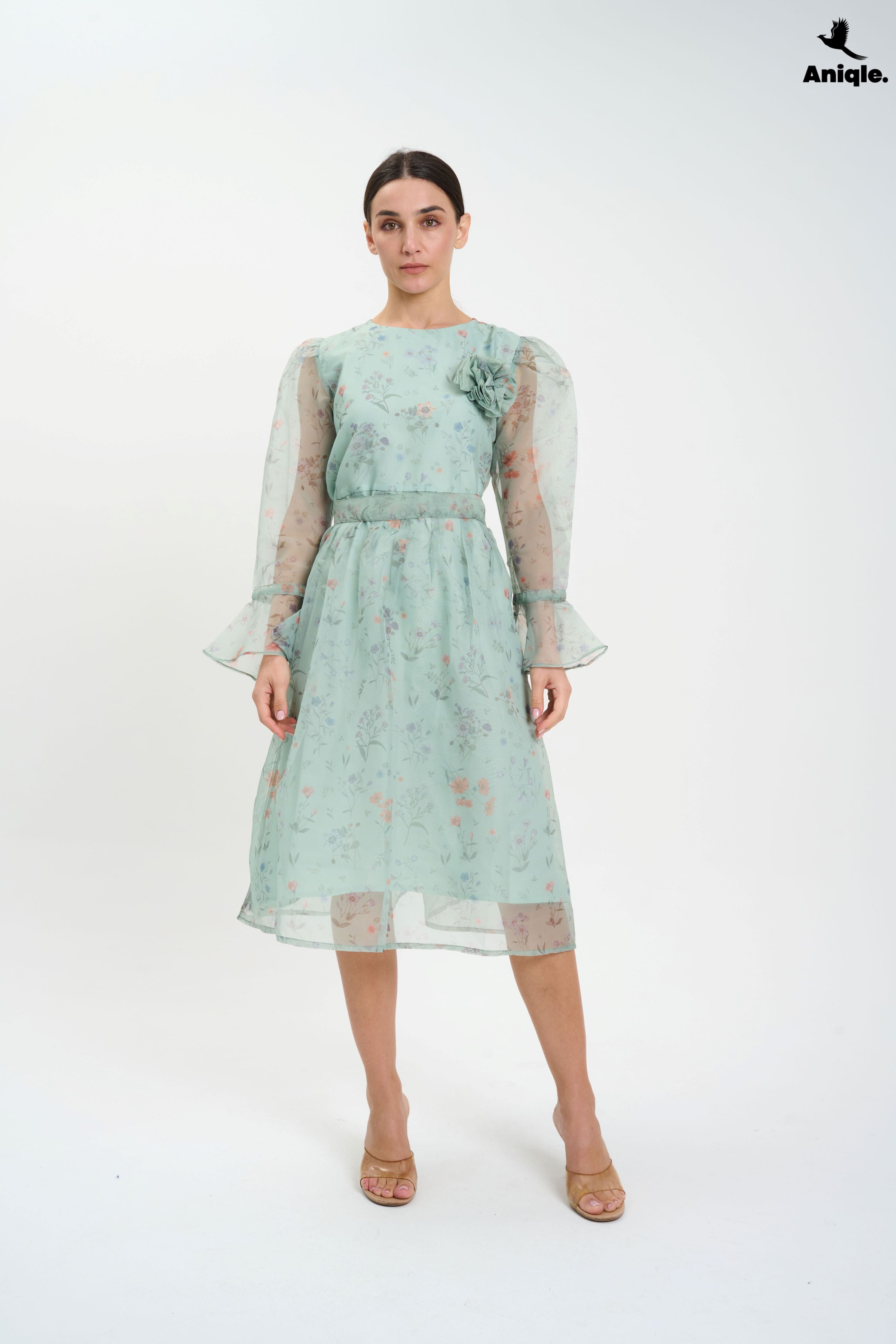 ANQ-10013 Pastel Floral Sheer  with Bell Sleeves Dress