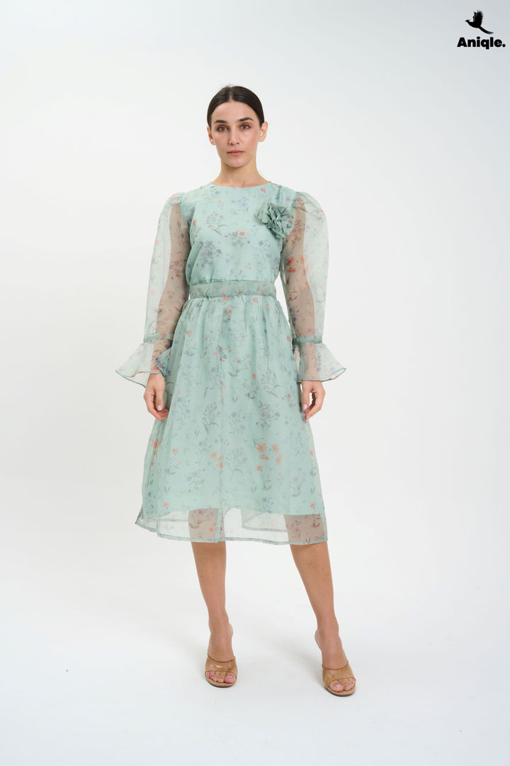 Pastel Floral Sheer  with Bell Sleeves Dress