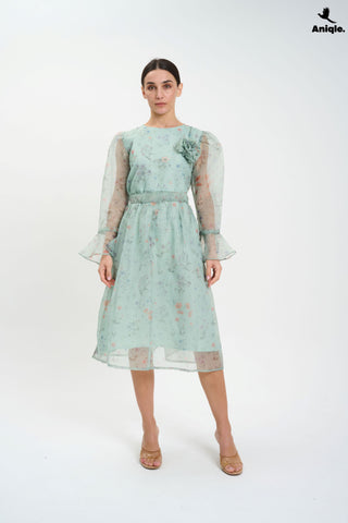 ANQ-10013 Pastel Floral Sheer  with Bell Sleeves Dress