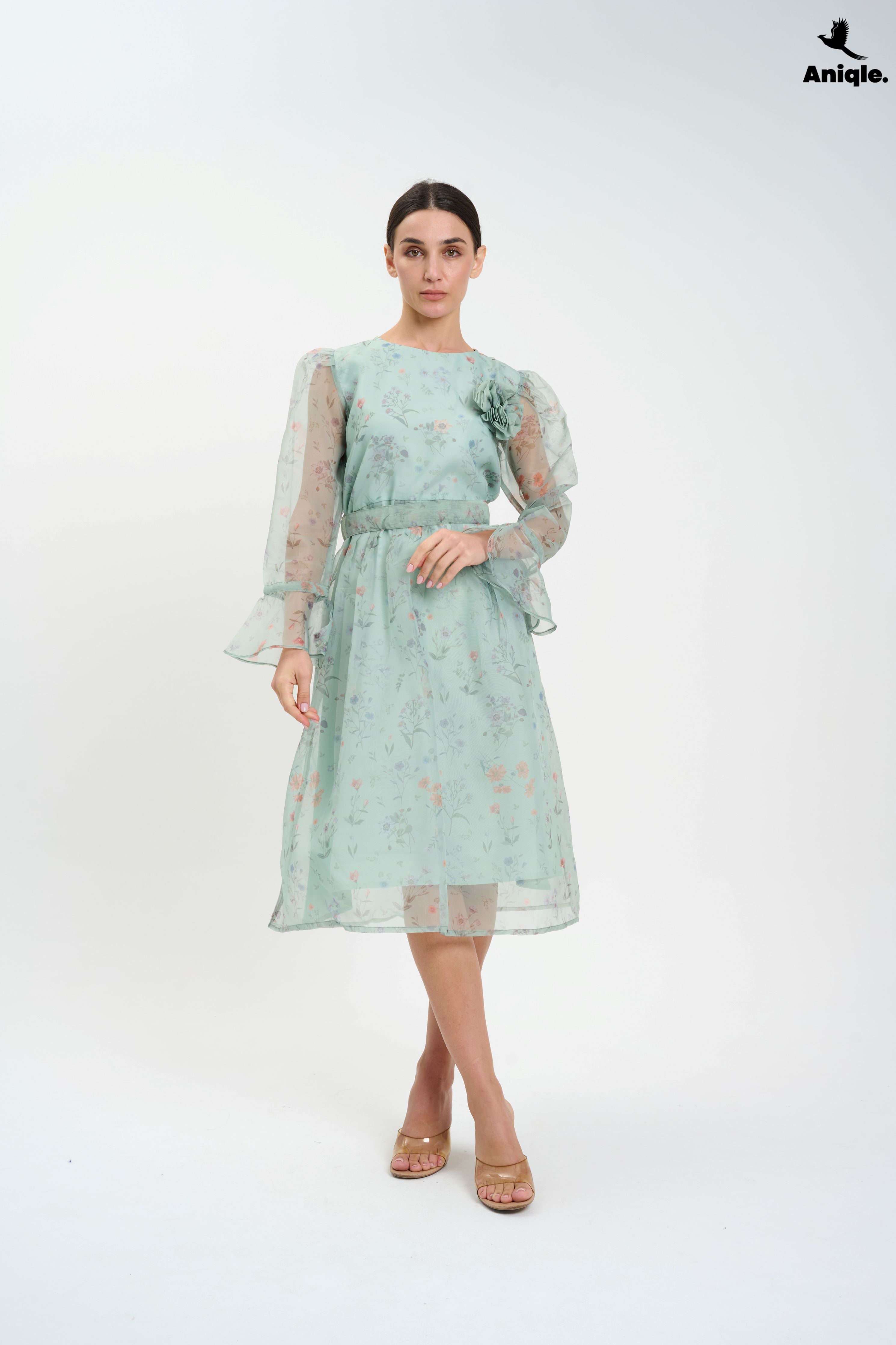 ANQ-10013 Pastel Floral Sheer  with Bell Sleeves Dress