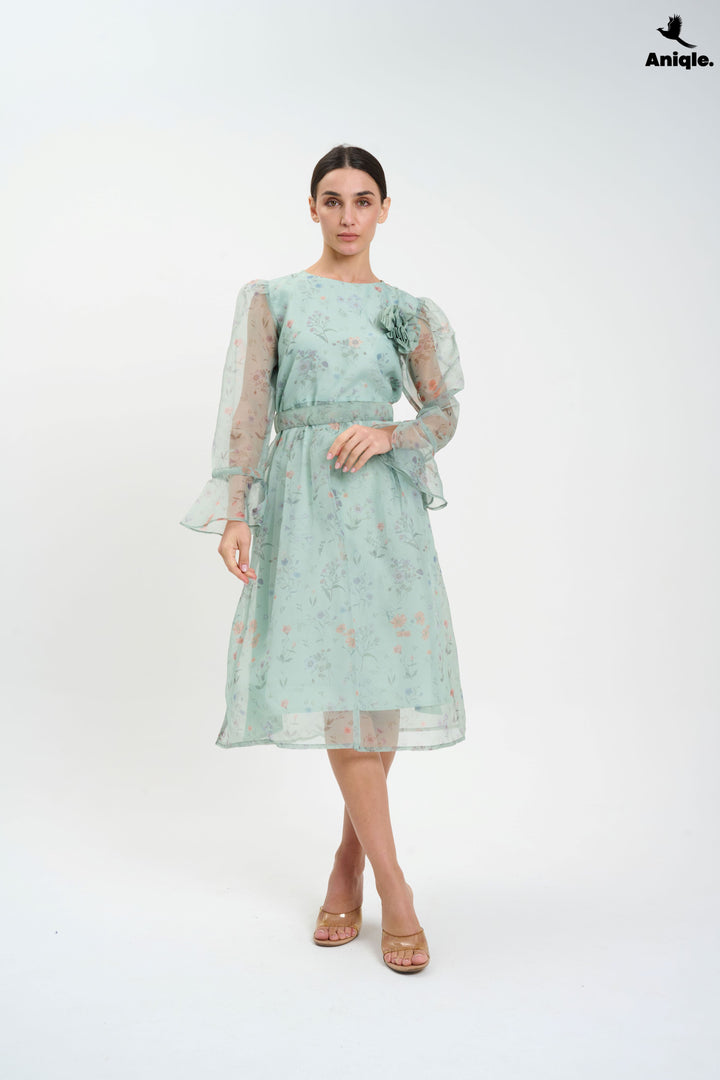 Pastel Floral Sheer  with Bell Sleeves Dress