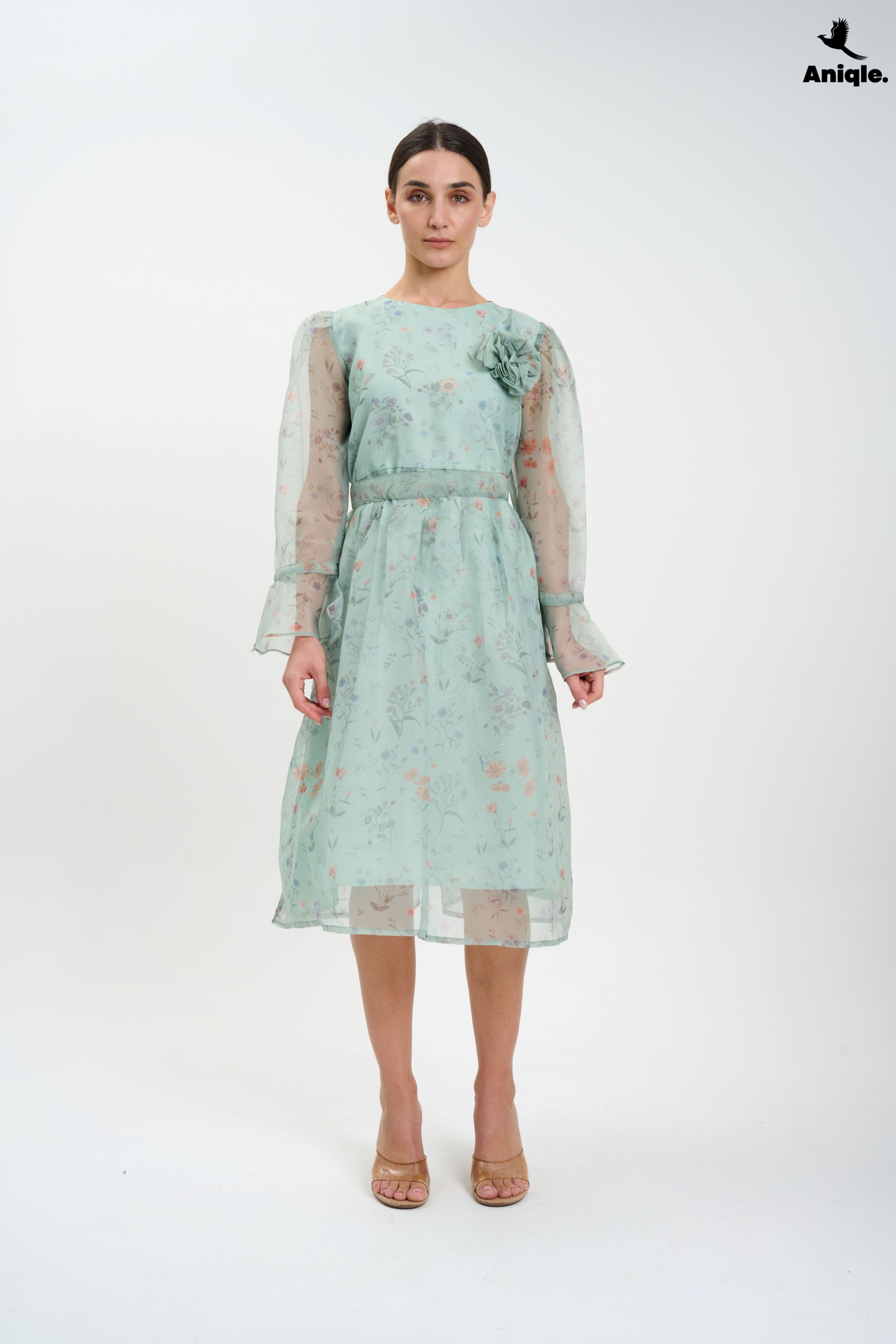 ANQ-10013 Pastel Floral Sheer  with Bell Sleeves Dress