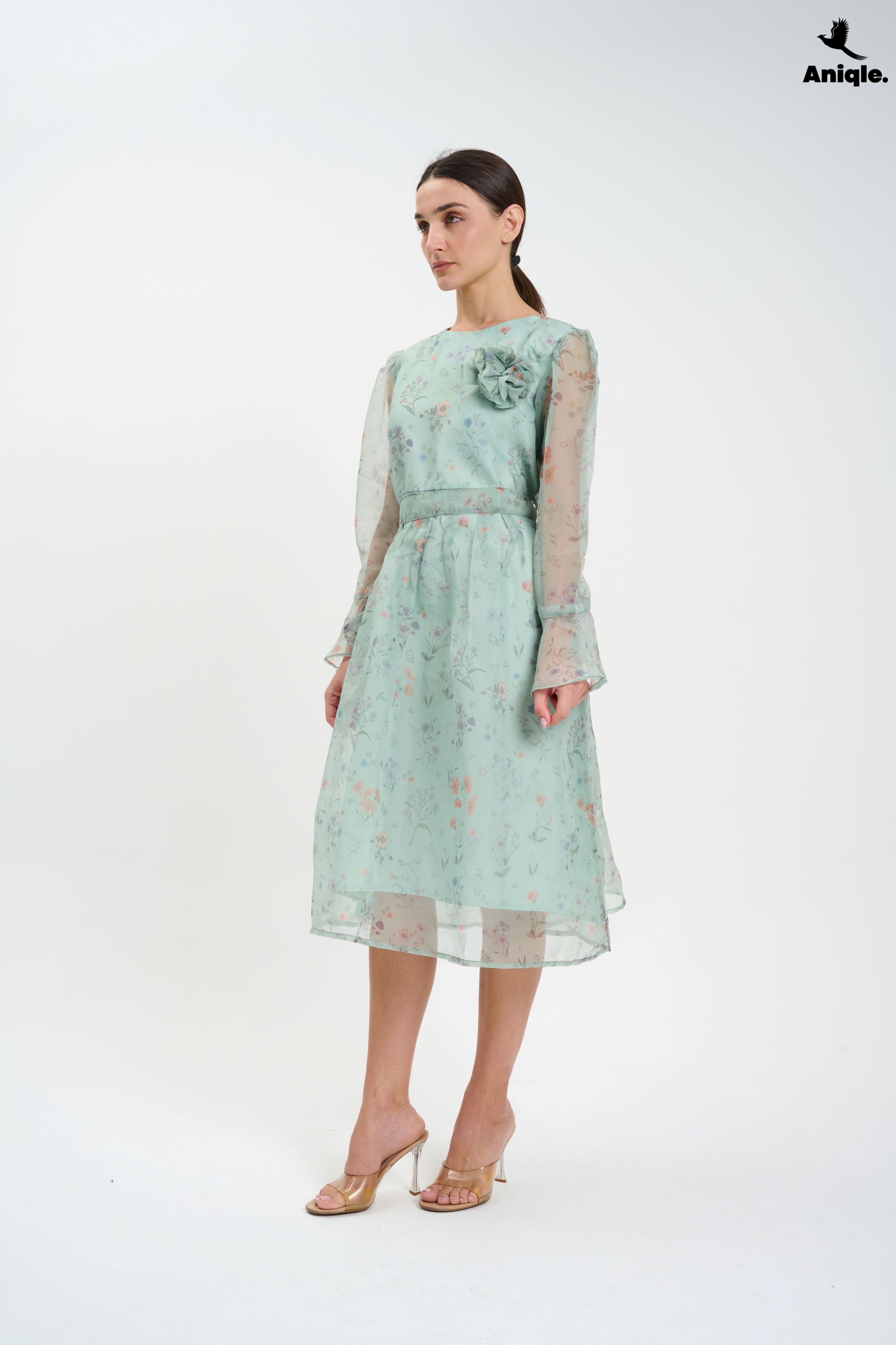 ANQ-10013 Pastel Floral Sheer  with Bell Sleeves Dress