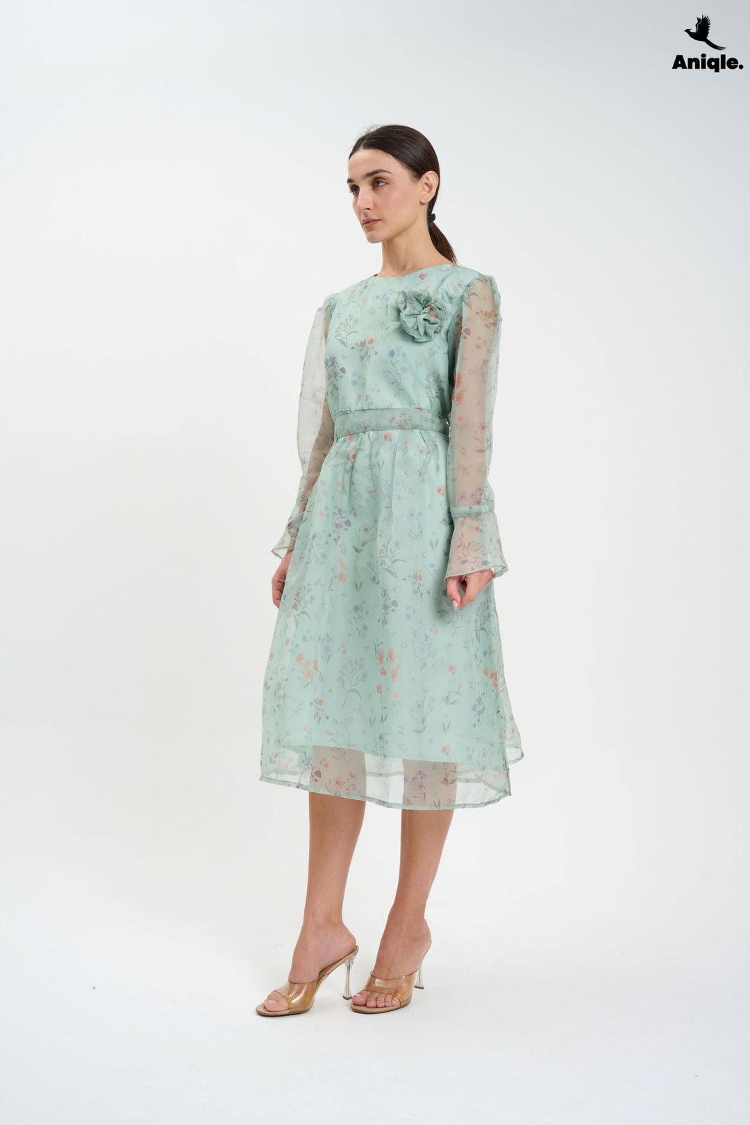 Pastel Floral Sheer  with Bell Sleeves Dress