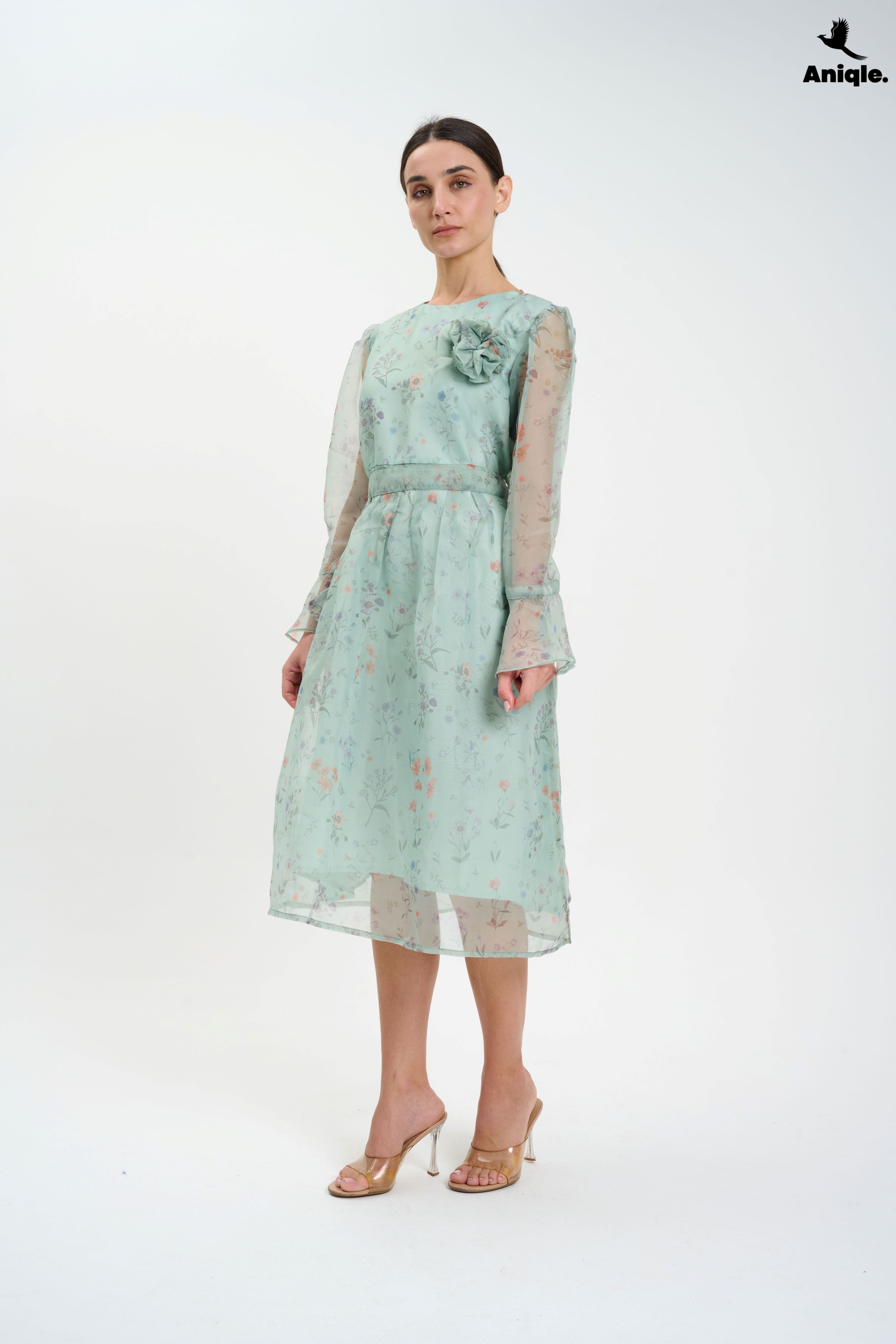 ANQ-10013 Pastel Floral Sheer  with Bell Sleeves Dress