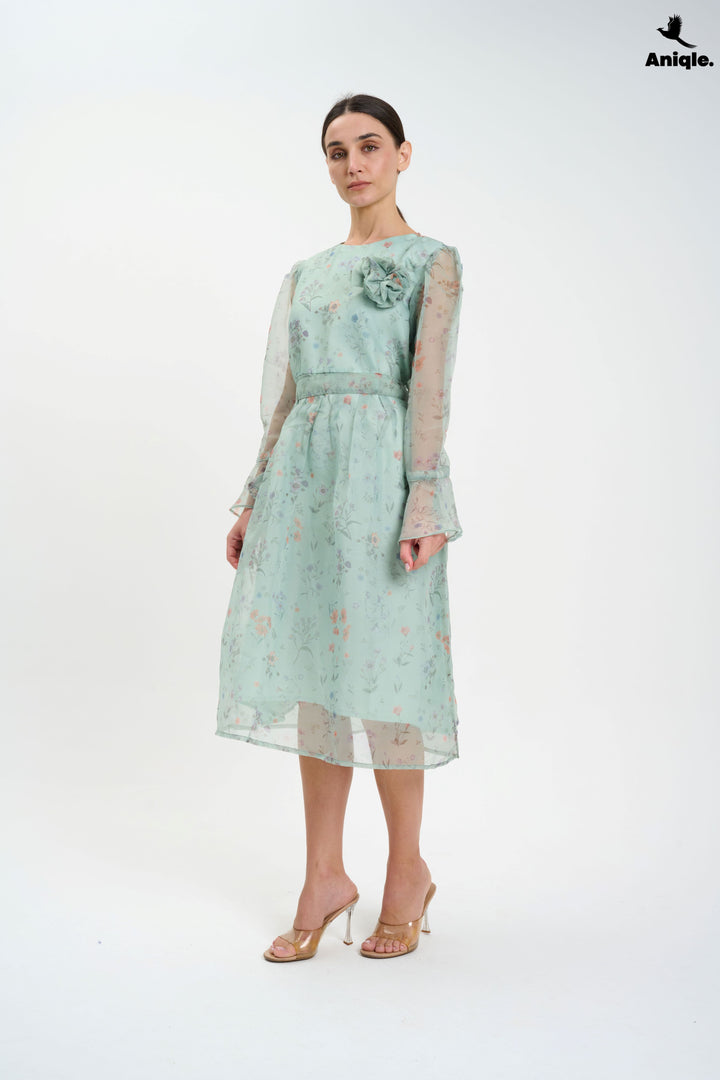 Pastel Floral Sheer  with Bell Sleeves Dress