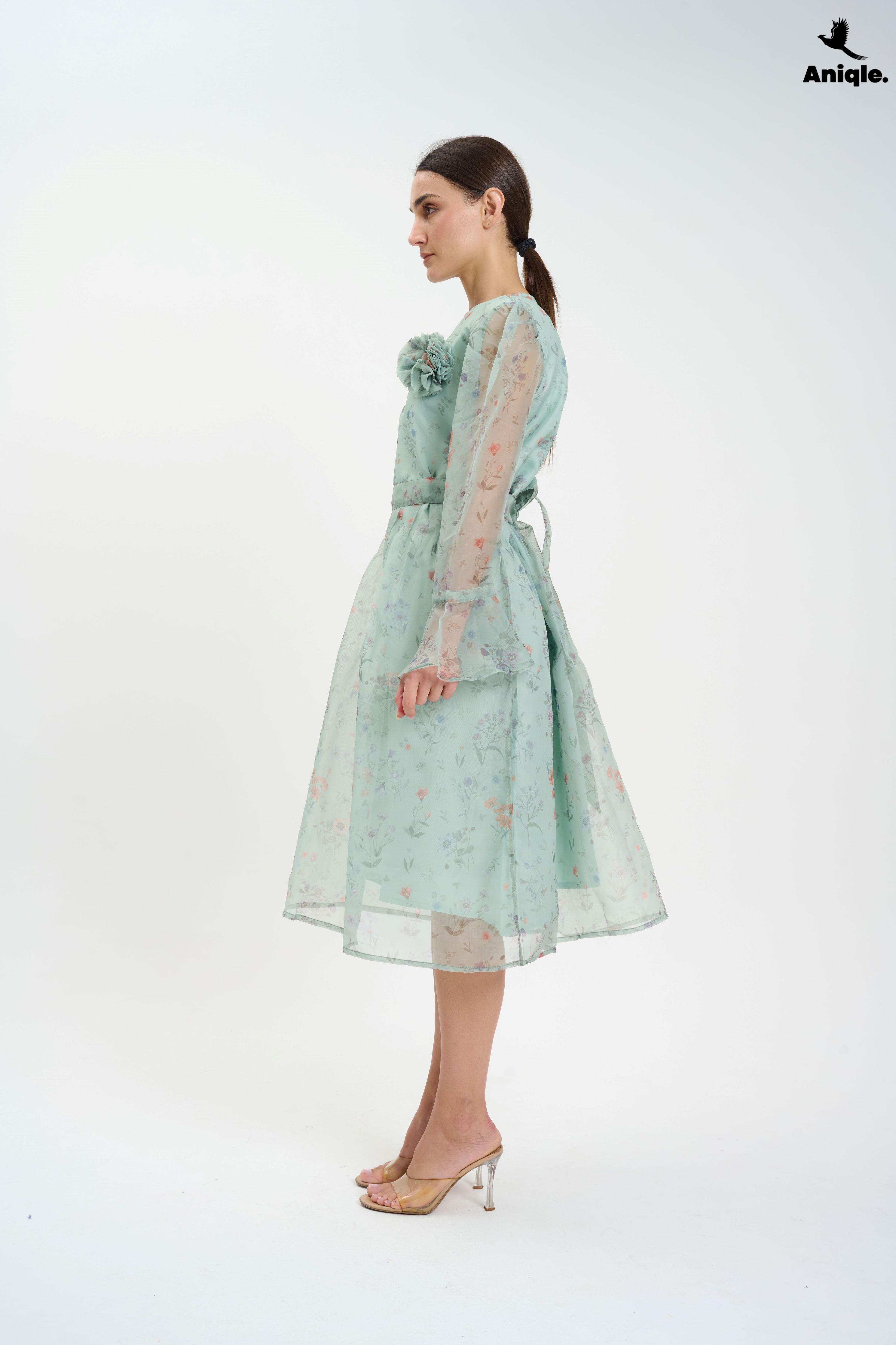 ANQ-10013 Pastel Floral Sheer  with Bell Sleeves Dress