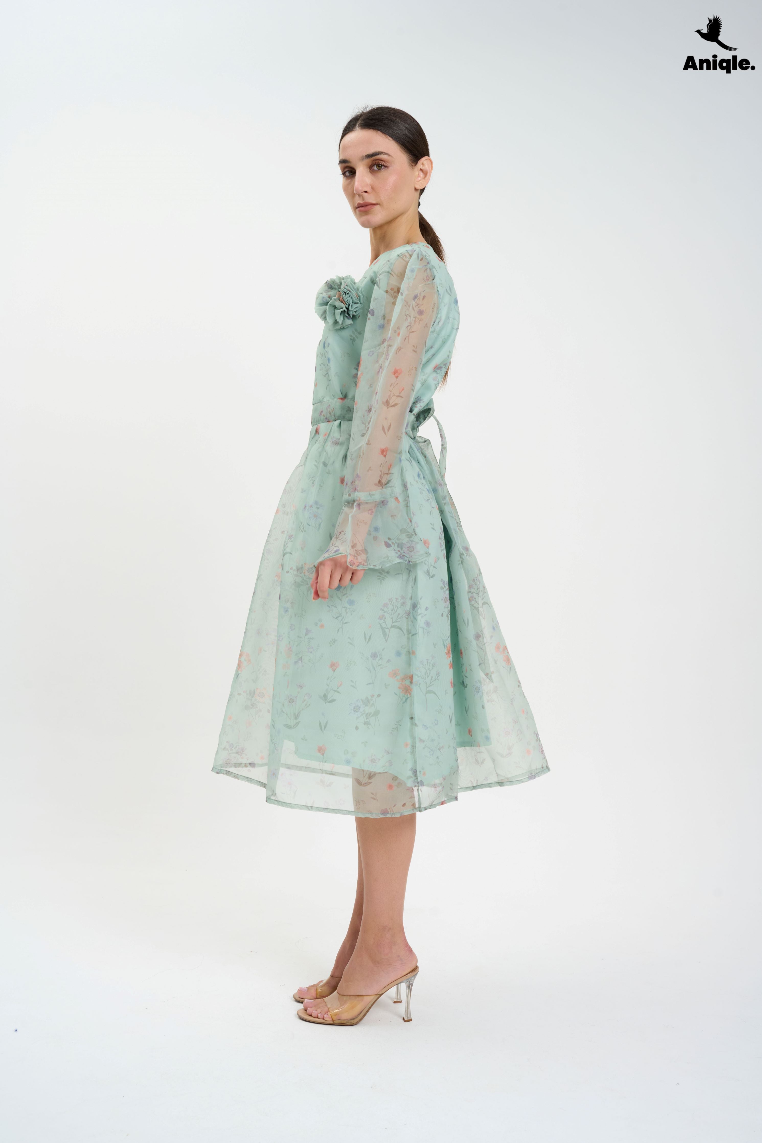 ANQ-10013 Pastel Floral Sheer  with Bell Sleeves Dress
