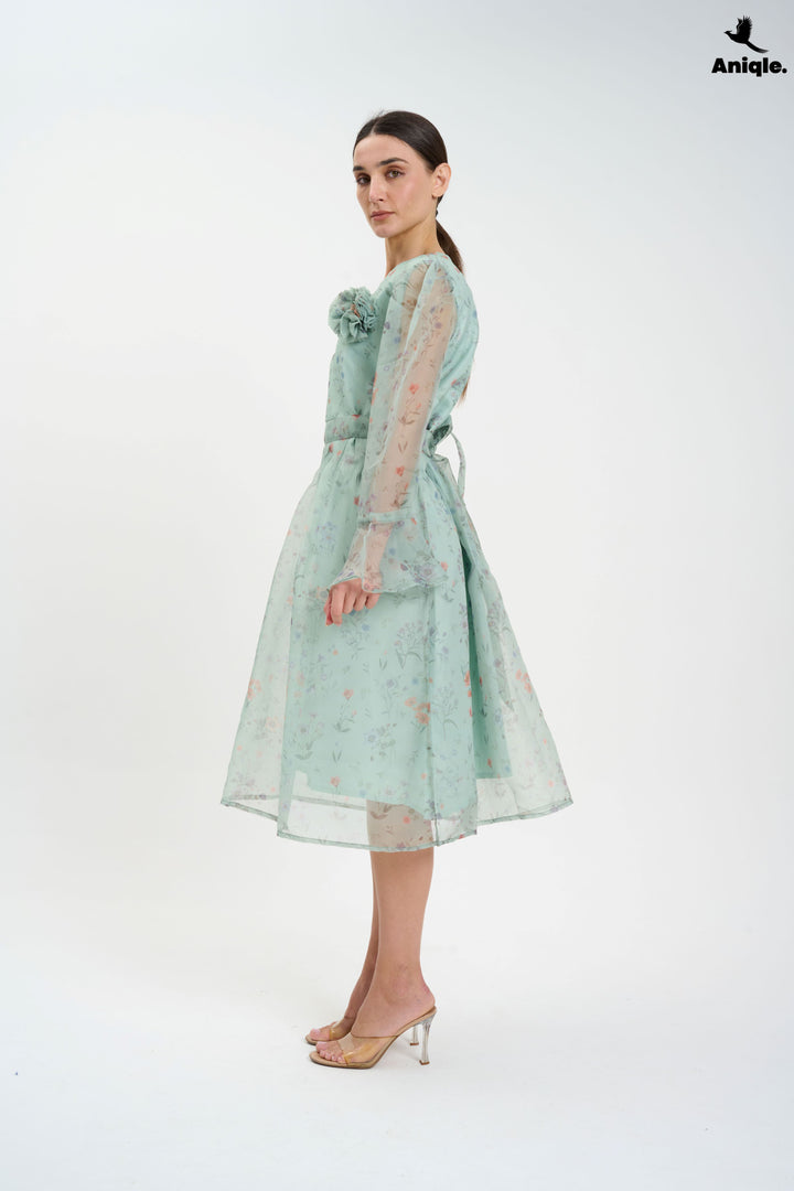 Pastel Floral Sheer  with Bell Sleeves Dress