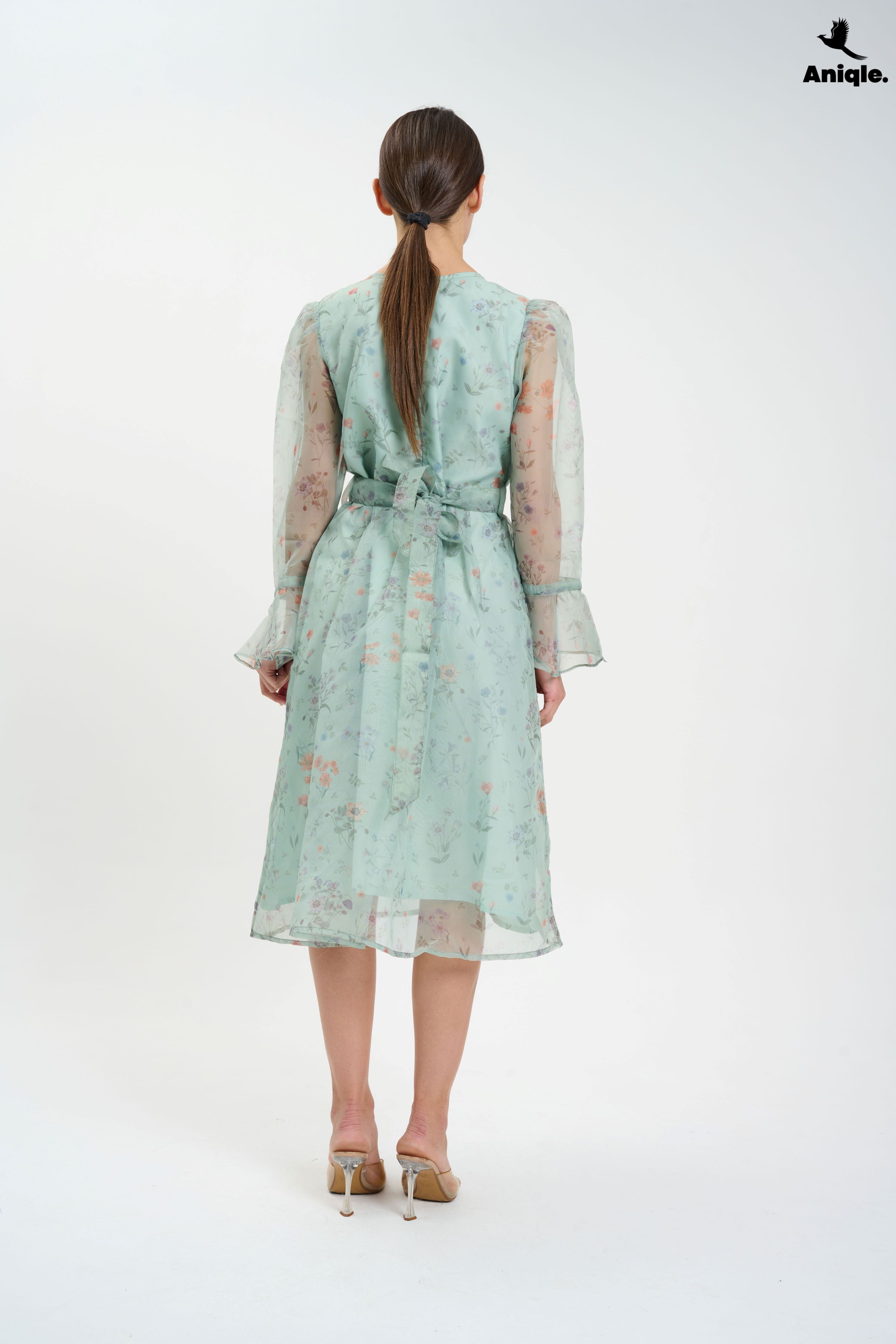 ANQ-10013 Pastel Floral Sheer  with Bell Sleeves Dress