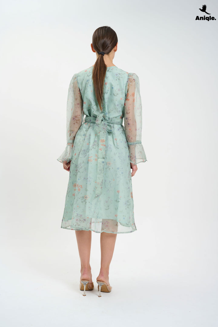 Pastel Floral Sheer  with Bell Sleeves Dress