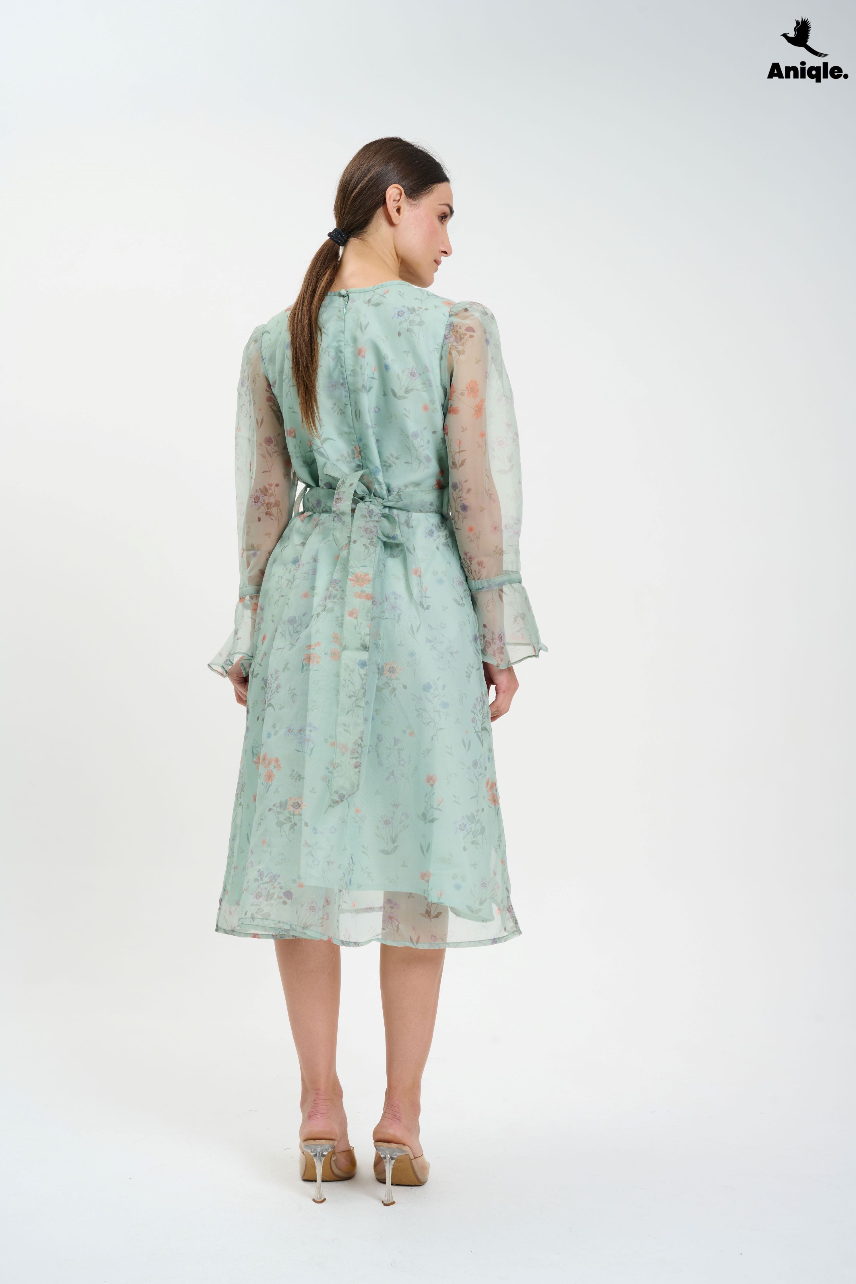 ANQ-10013 Pastel Floral Sheer  with Bell Sleeves Dress