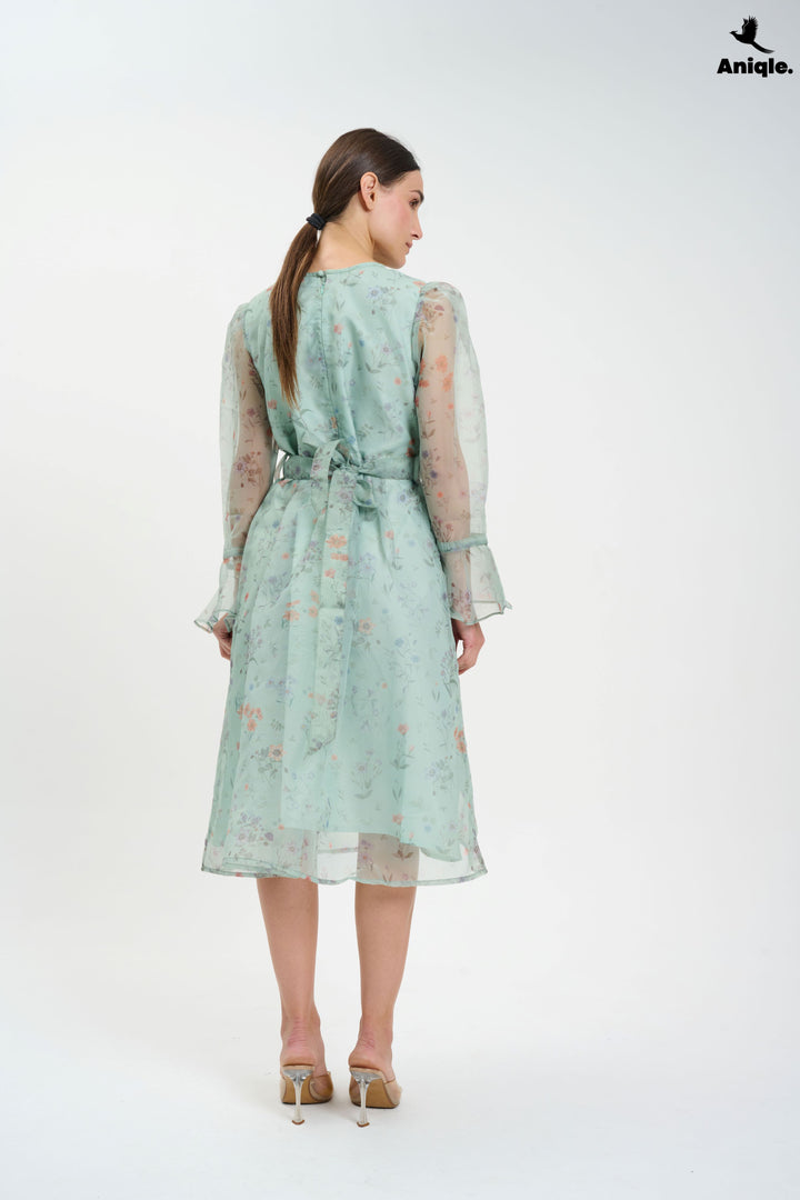 Pastel Floral Sheer  with Bell Sleeves Dress
