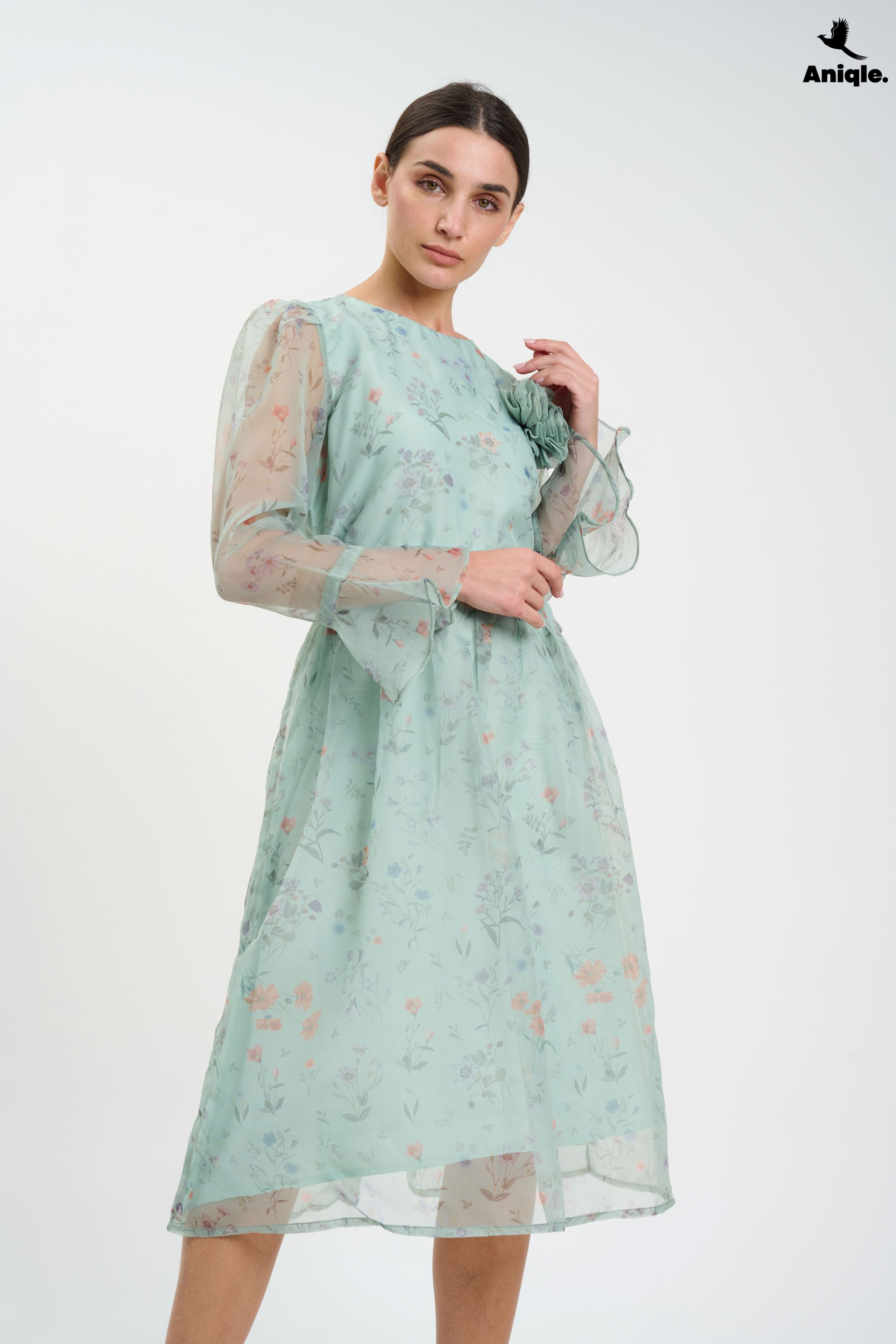 ANQ-10013 Pastel Floral Sheer  with Bell Sleeves Dress