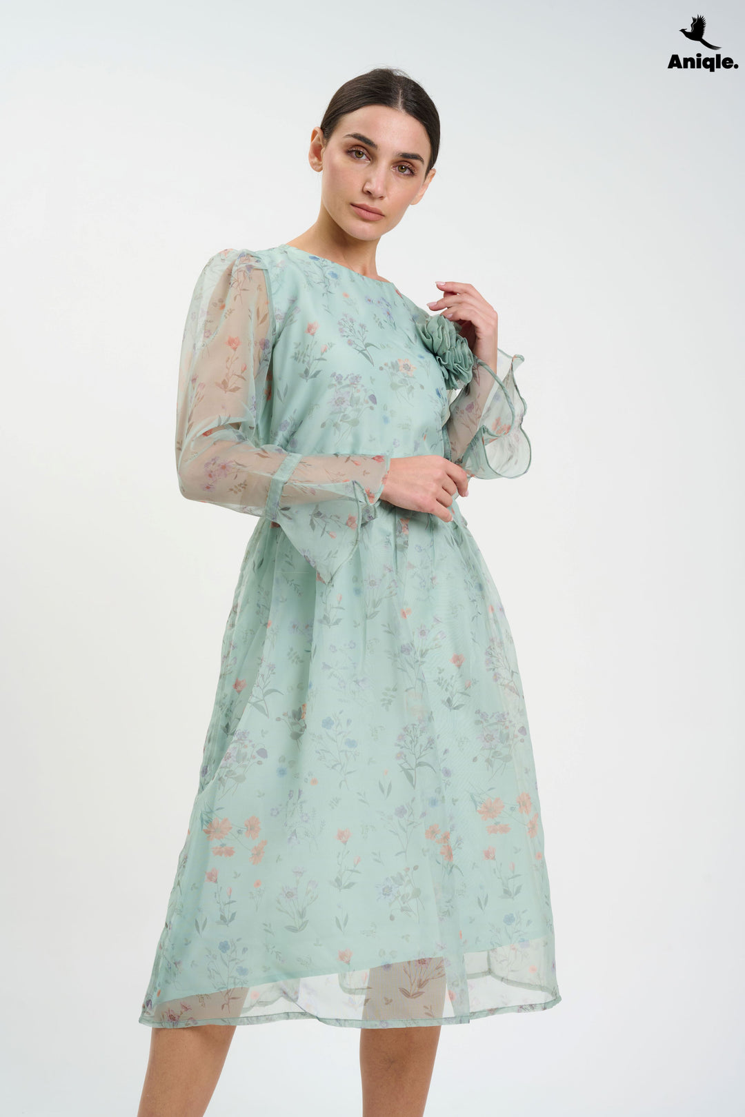Pastel Floral Sheer  with Bell Sleeves Dress