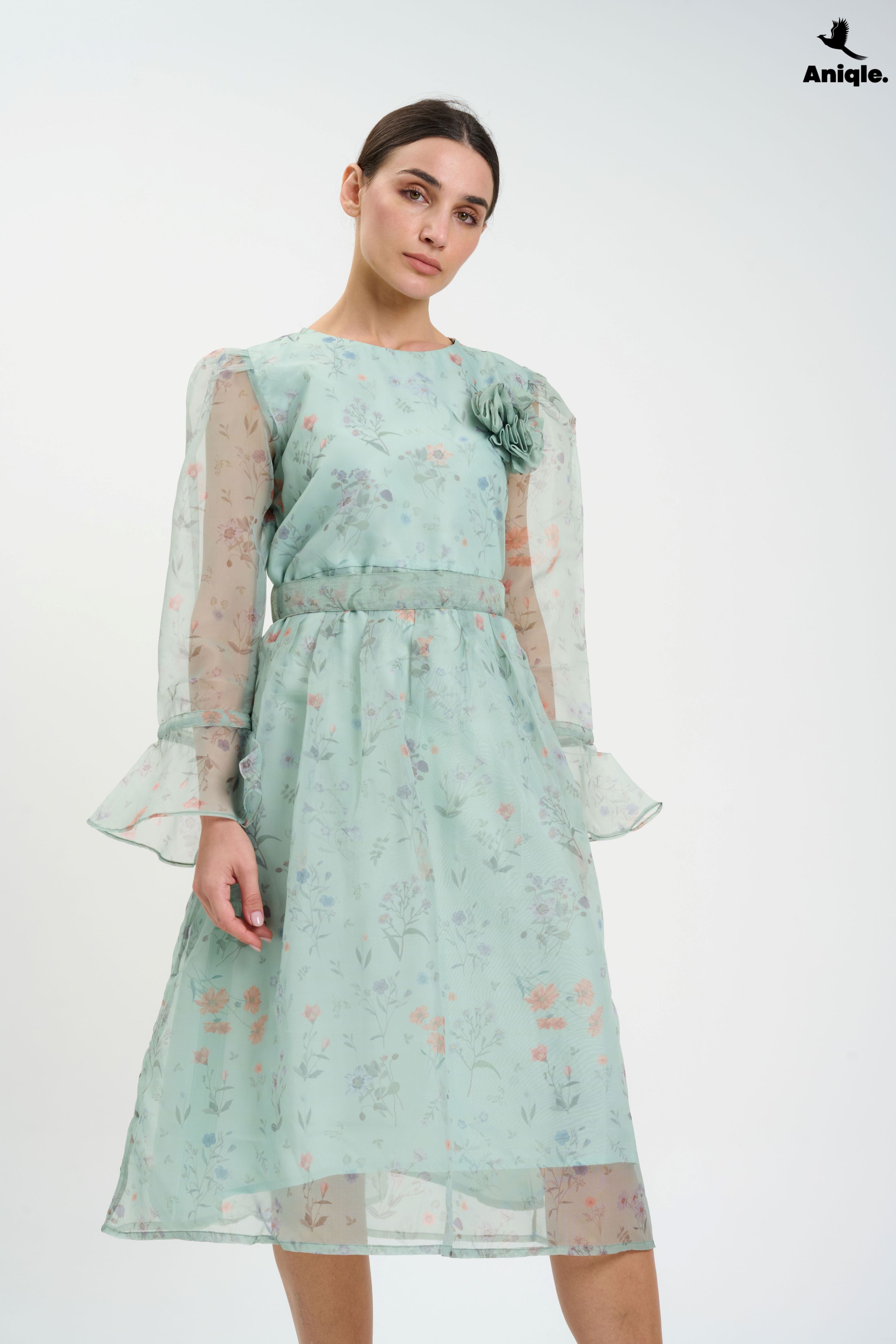 ANQ-10013 Pastel Floral Sheer  with Bell Sleeves Dress