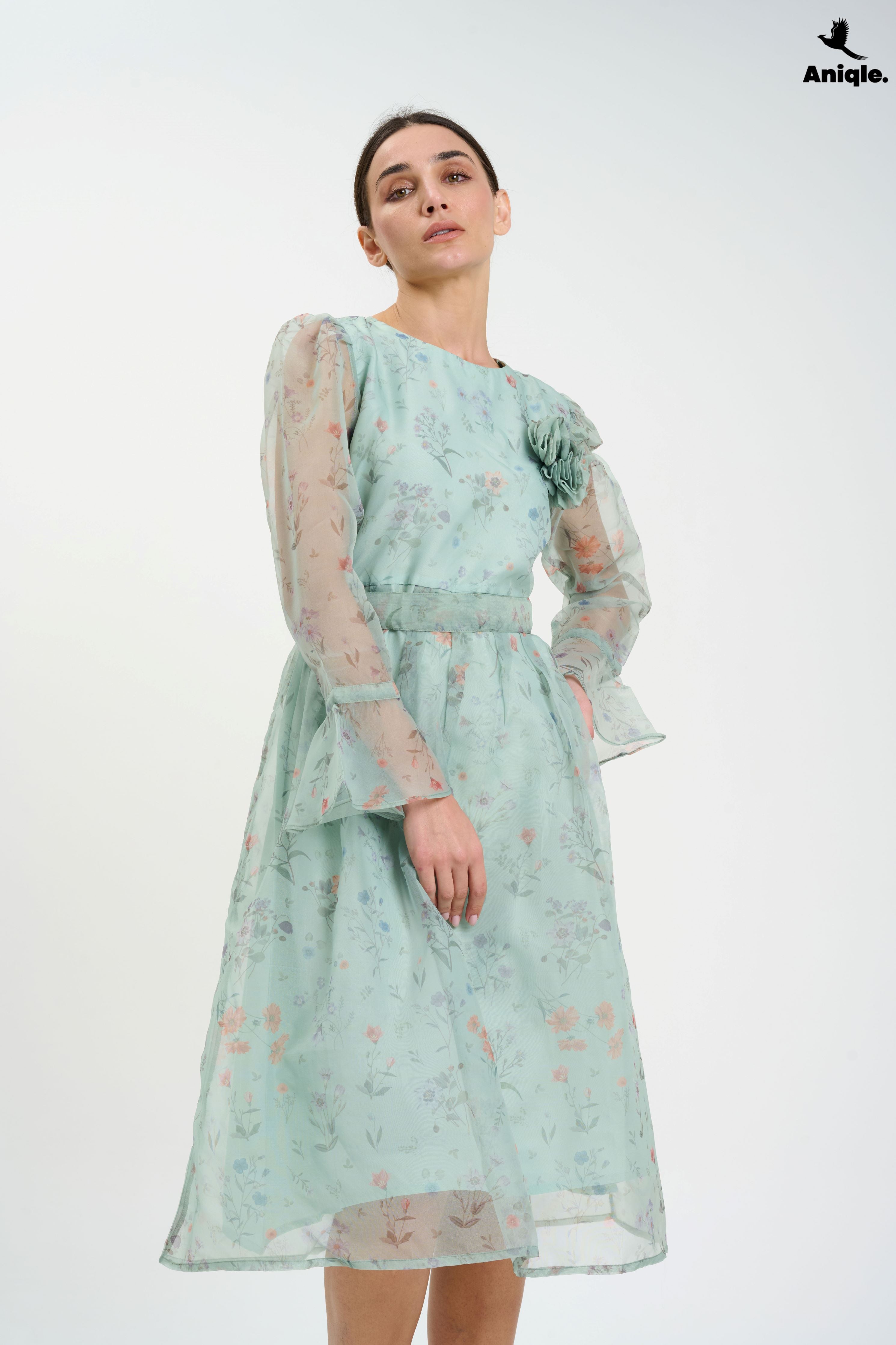 ANQ-10013 Pastel Floral Sheer  with Bell Sleeves Dress