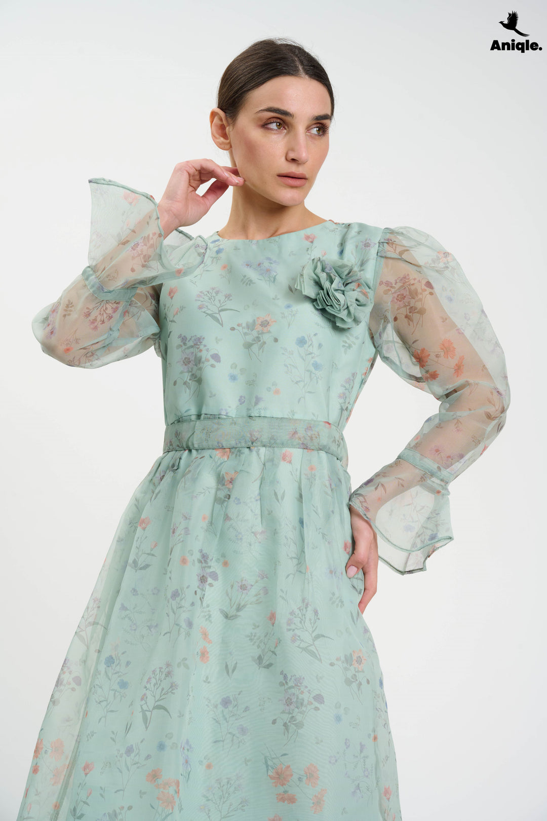 Pastel Floral Sheer  with Bell Sleeves Dress