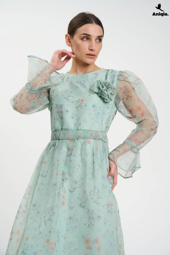 Pastel Floral Sheer  with Bell Sleeves Dress