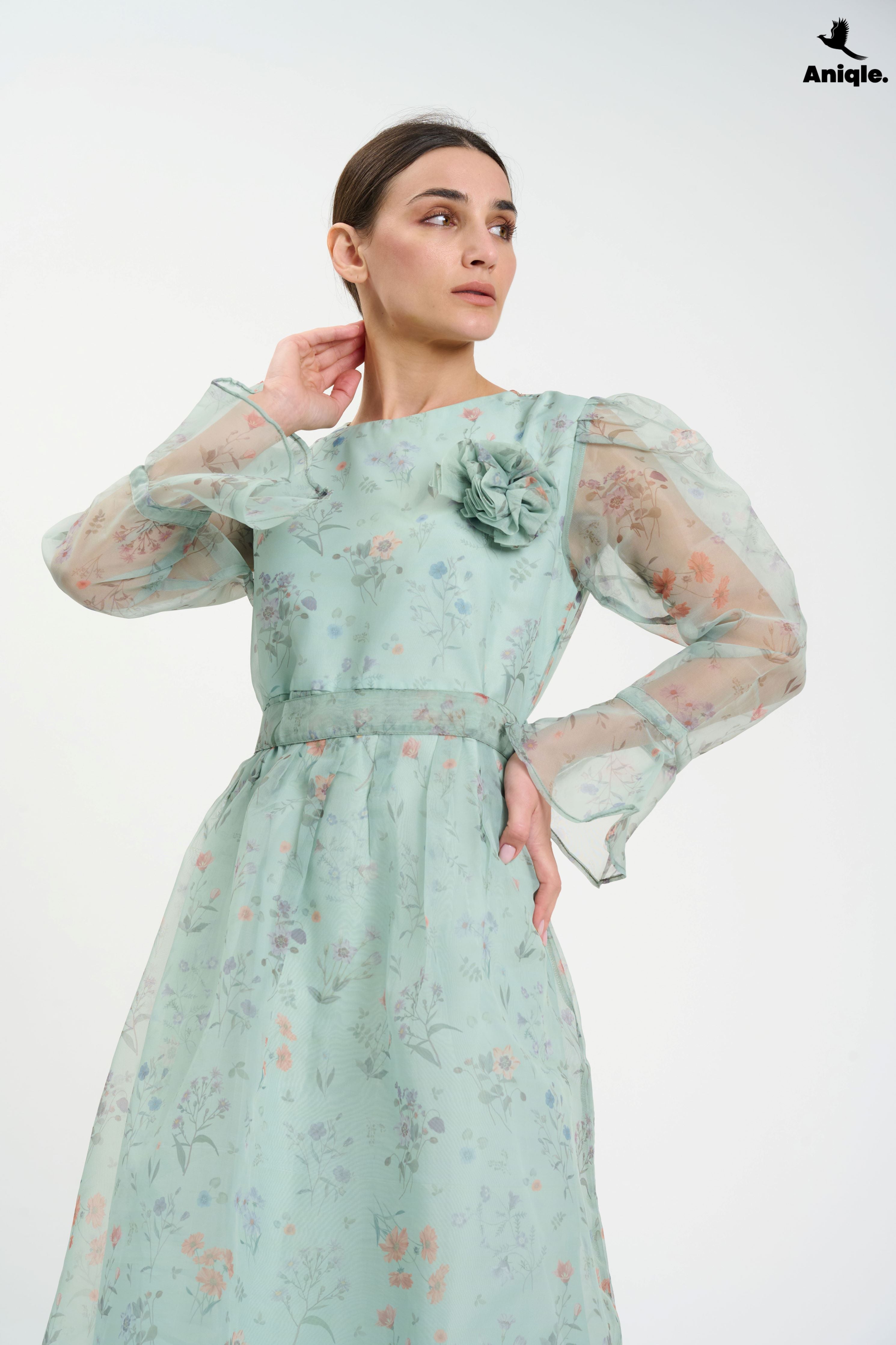ANQ-10013 Pastel Floral Sheer  with Bell Sleeves Dress