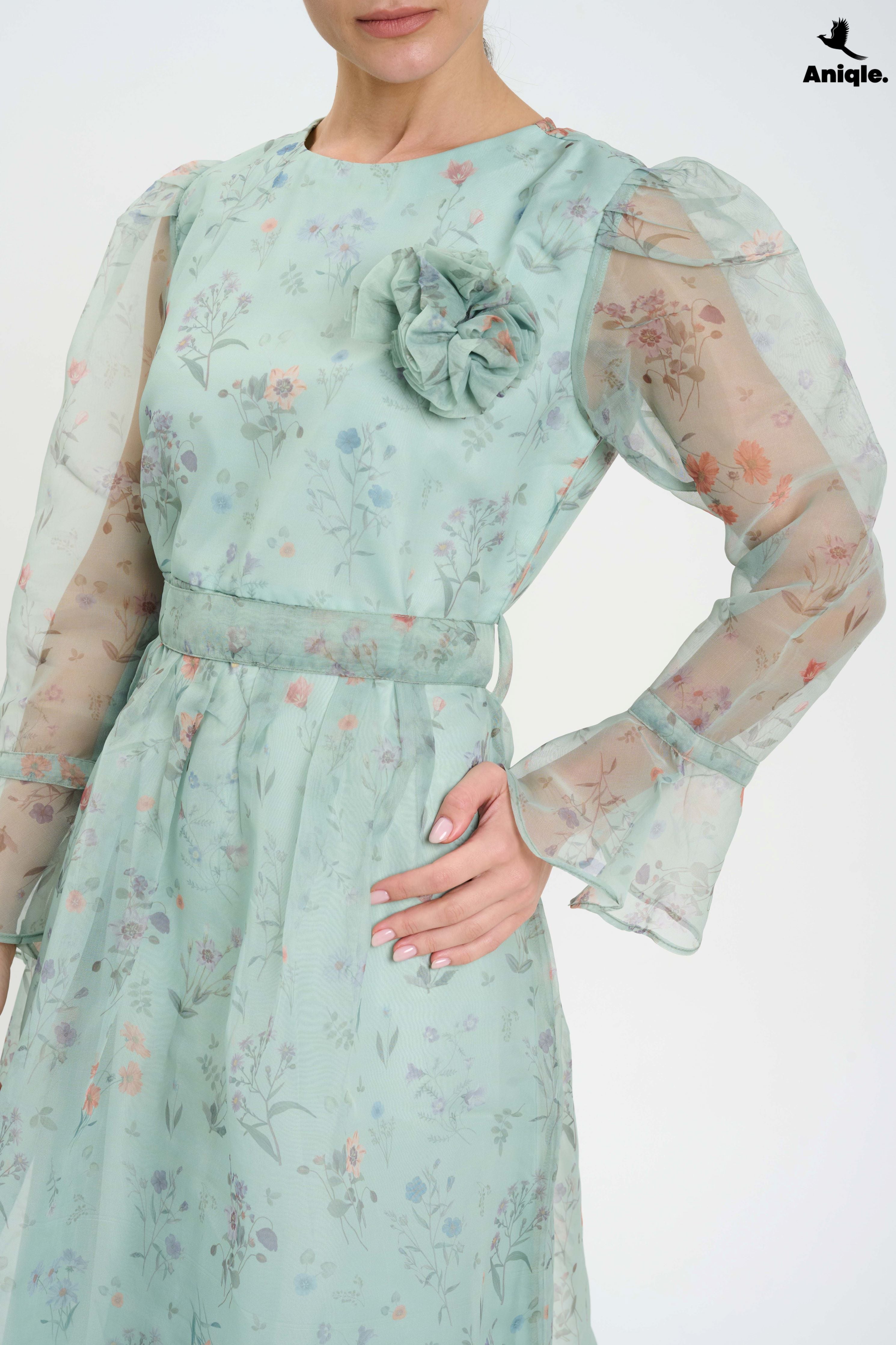 ANQ-10013 Pastel Floral Sheer  with Bell Sleeves Dress