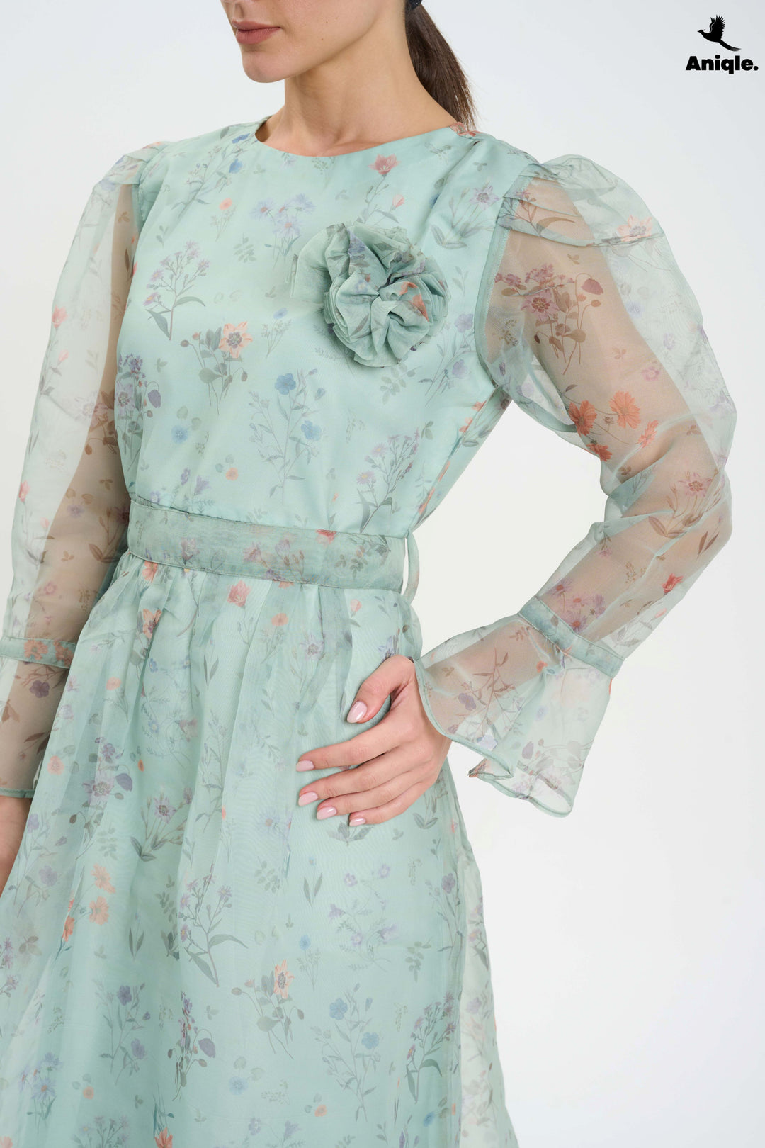 Pastel Floral Sheer  with Bell Sleeves Dress