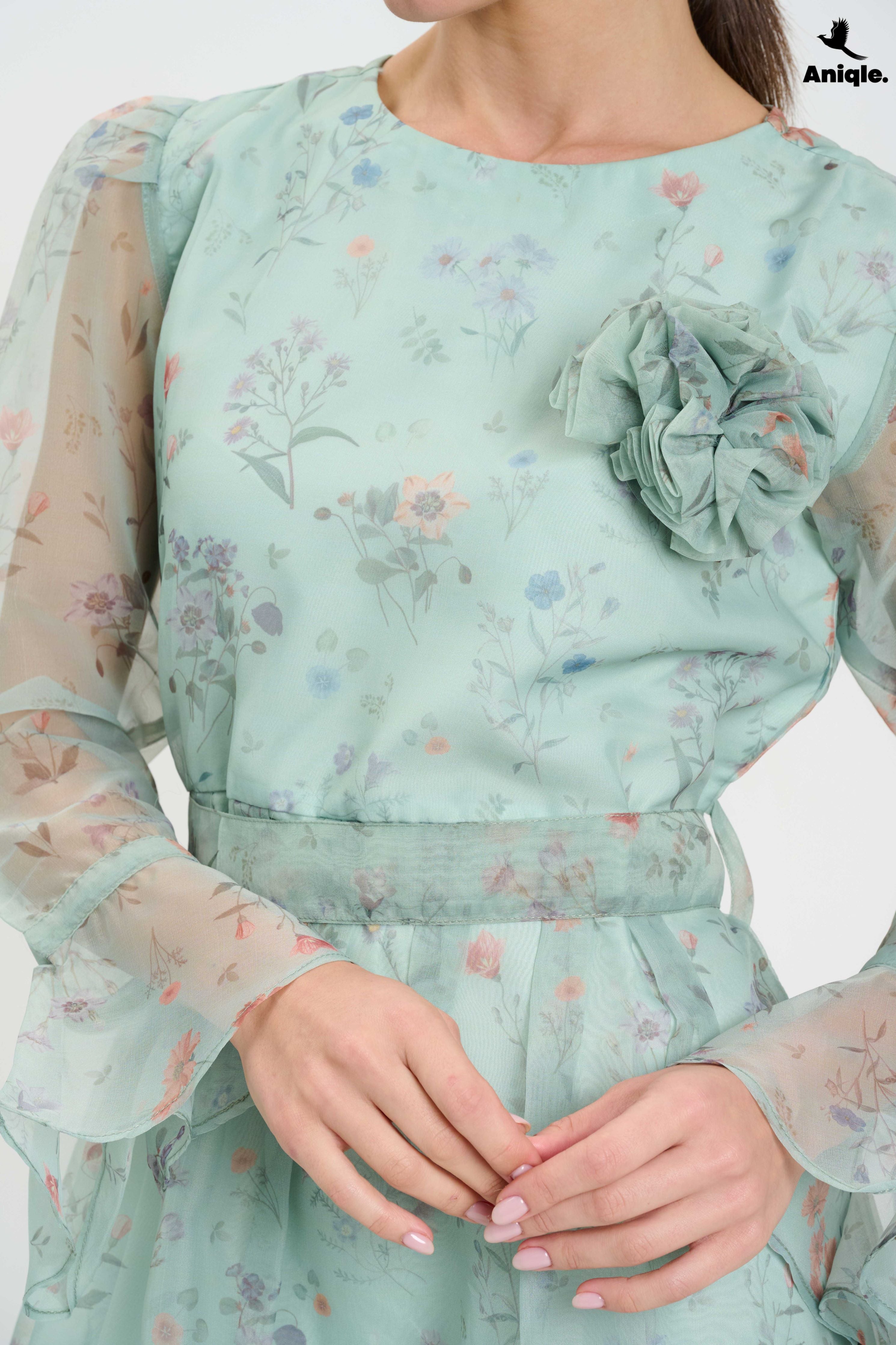 ANQ-10013 Pastel Floral Sheer  with Bell Sleeves Dress