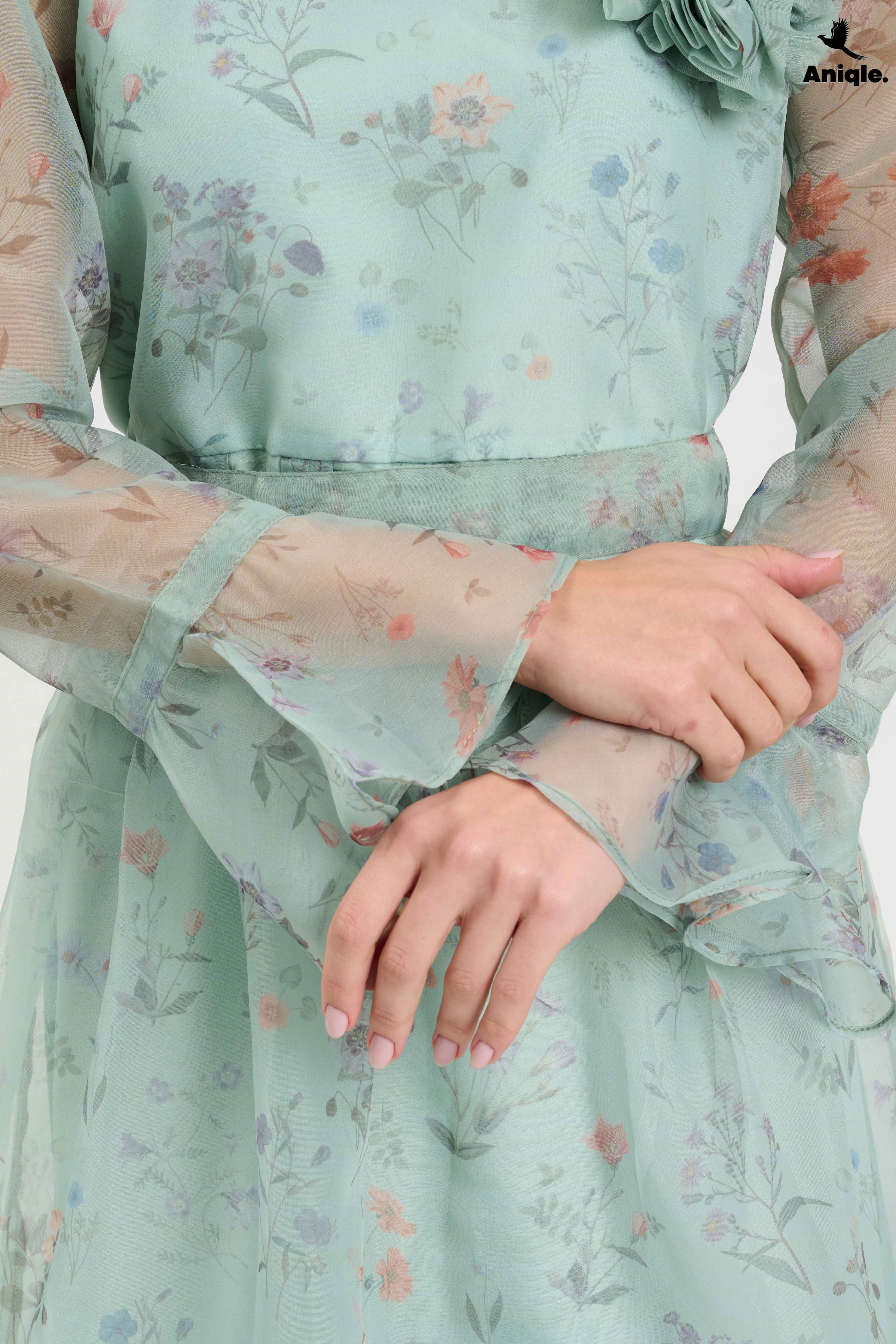 ANQ-10013 Pastel Floral Sheer  with Bell Sleeves Dress