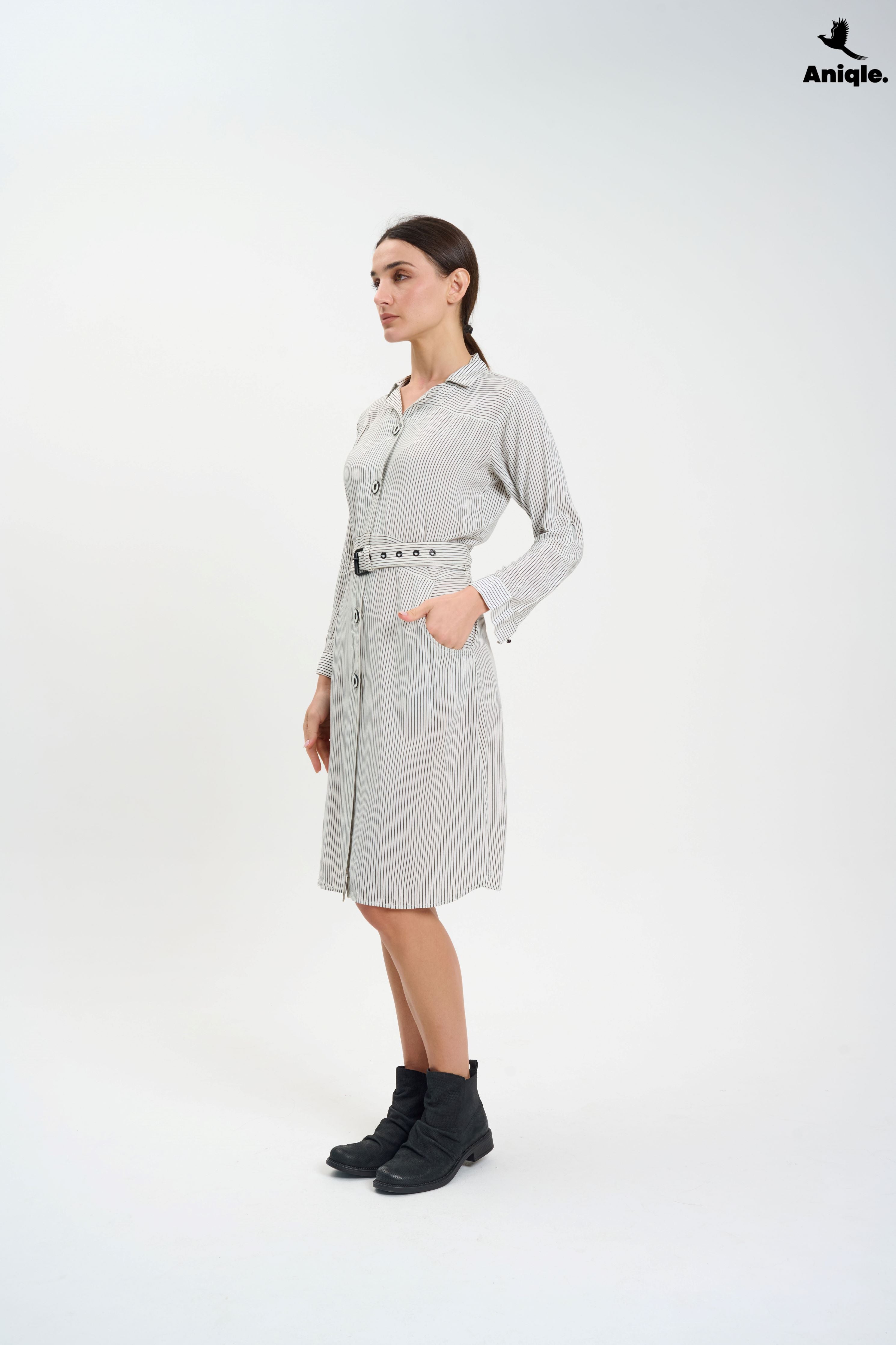 ANQ-10008 White Stripped Shirt Dress