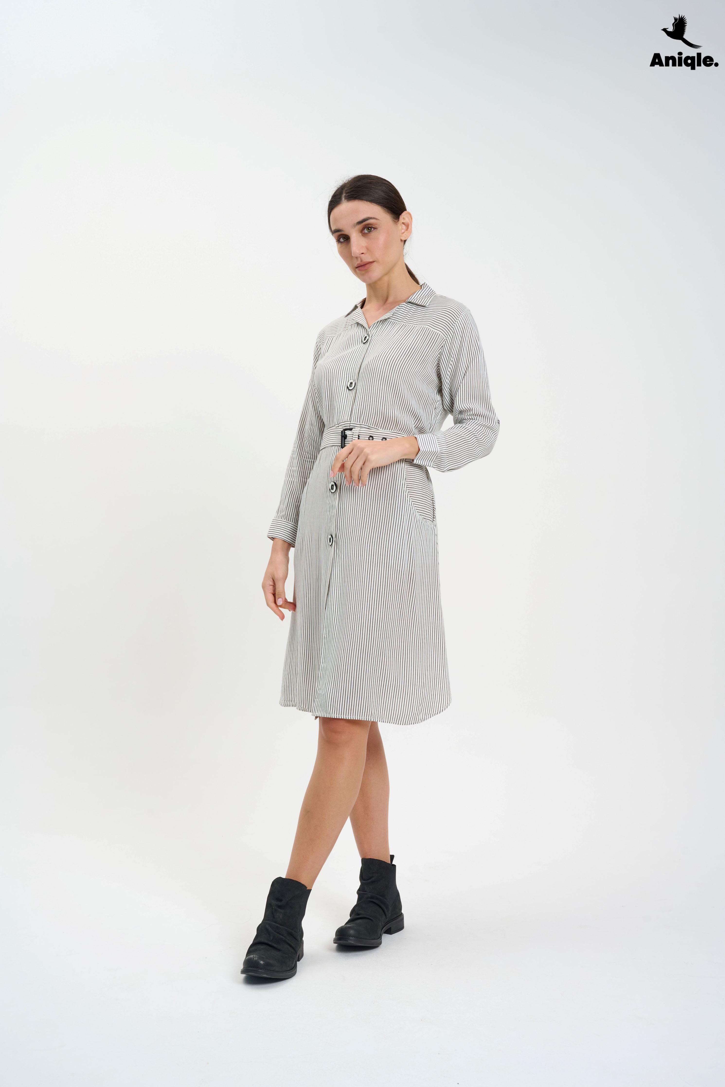 ANQ-10008 White Stripped Shirt Dress