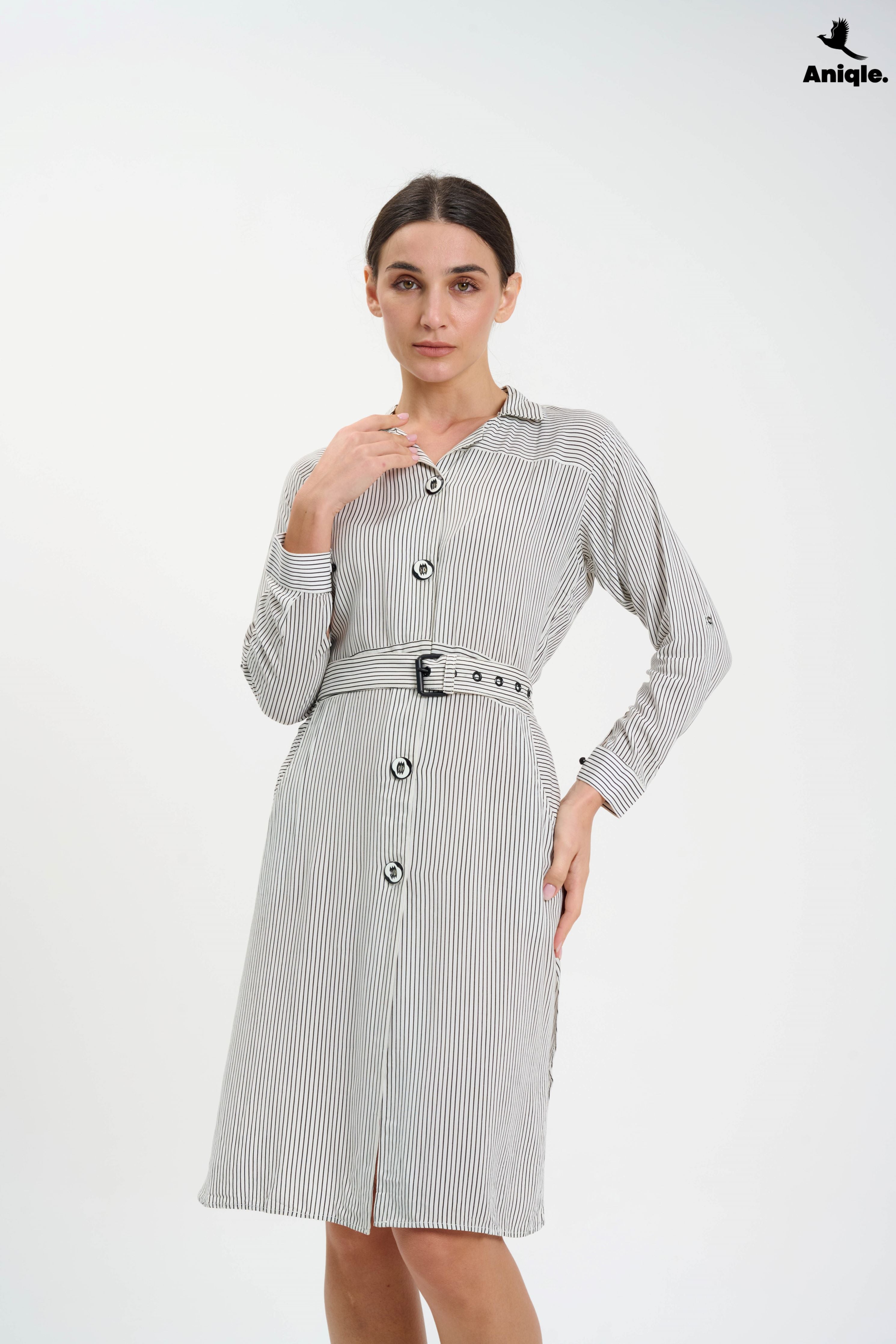 ANQ-10008 White Stripped Shirt Dress