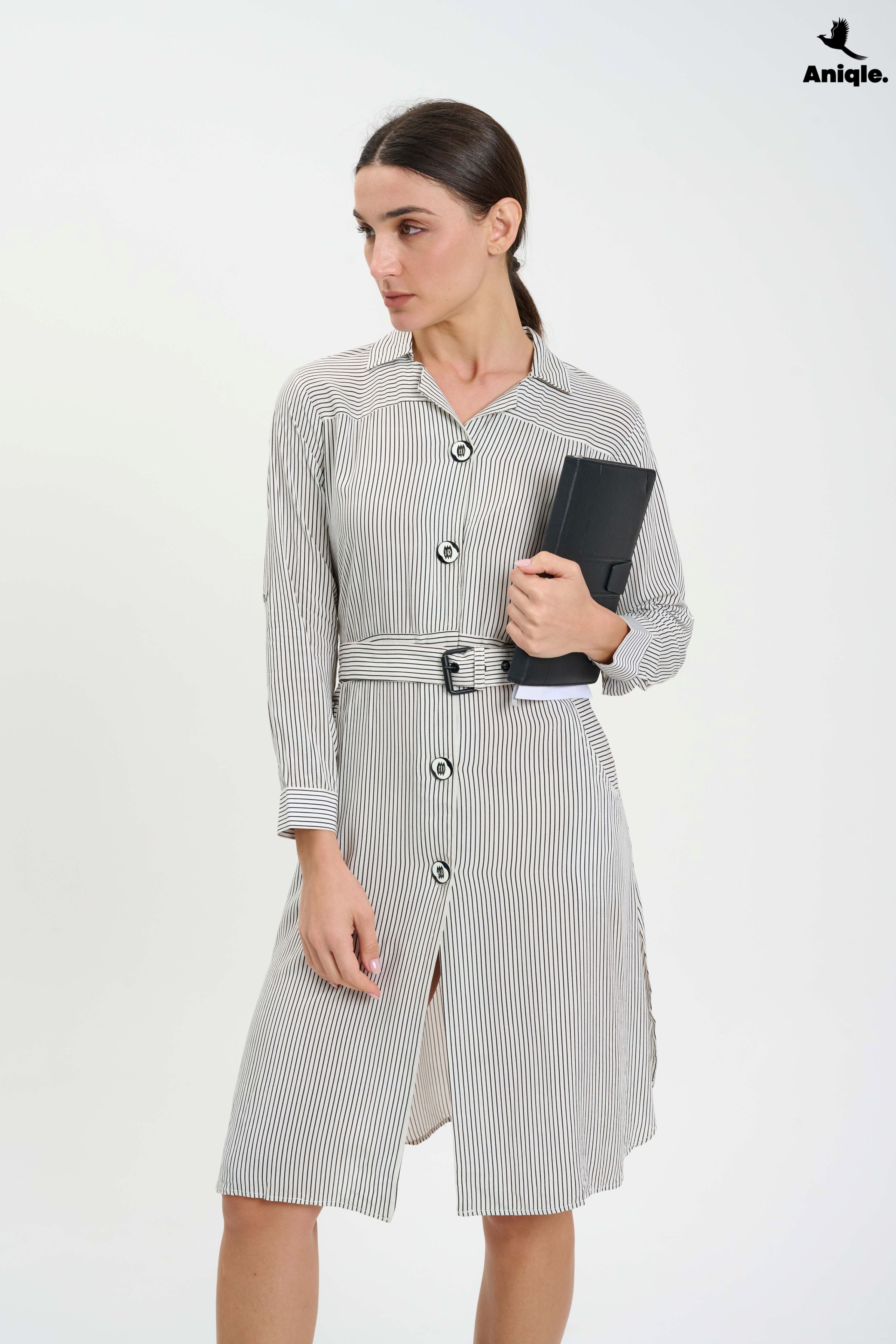 ANQ-10008 White Stripped Shirt Dress