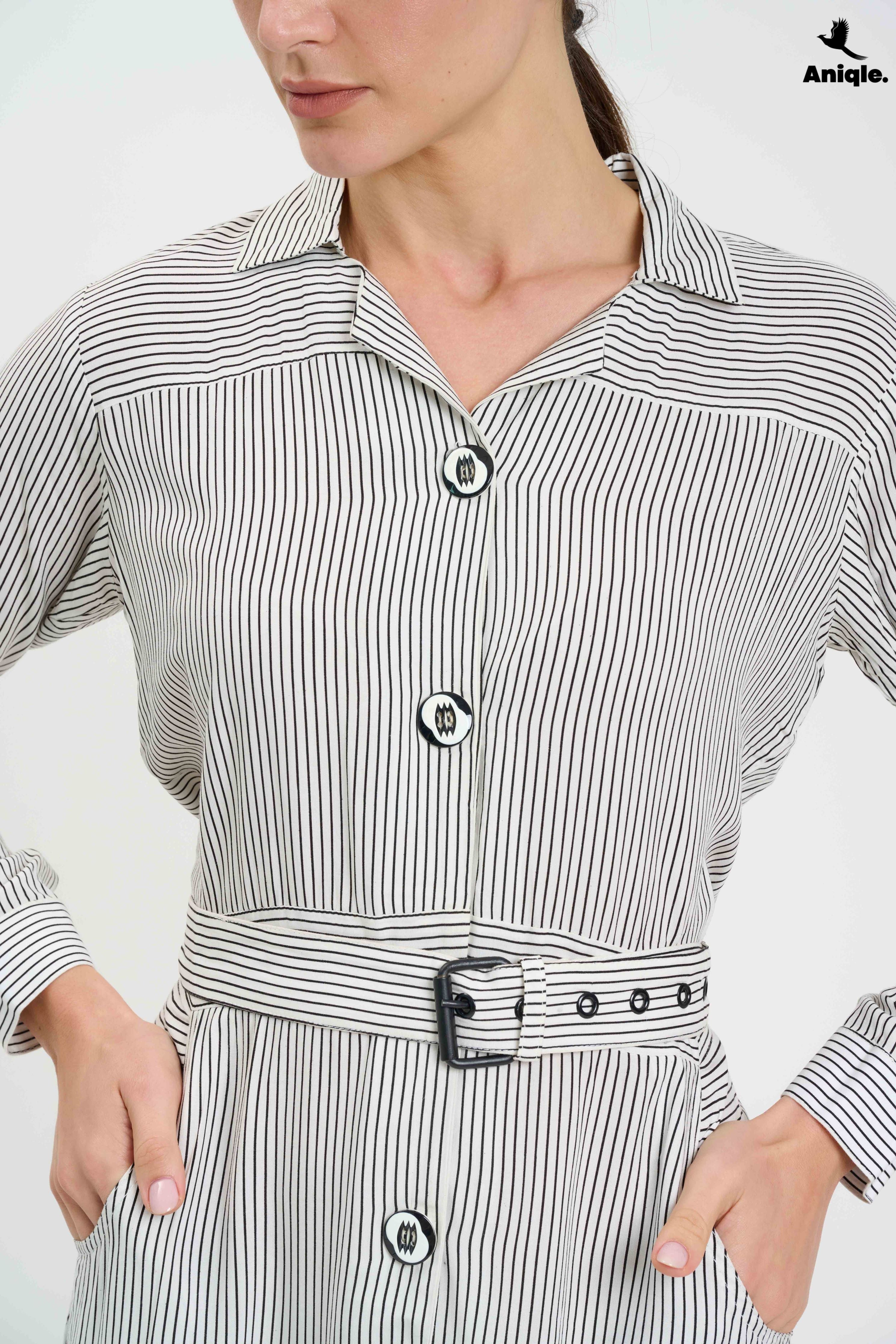 ANQ-10008 White Stripped Shirt Dress