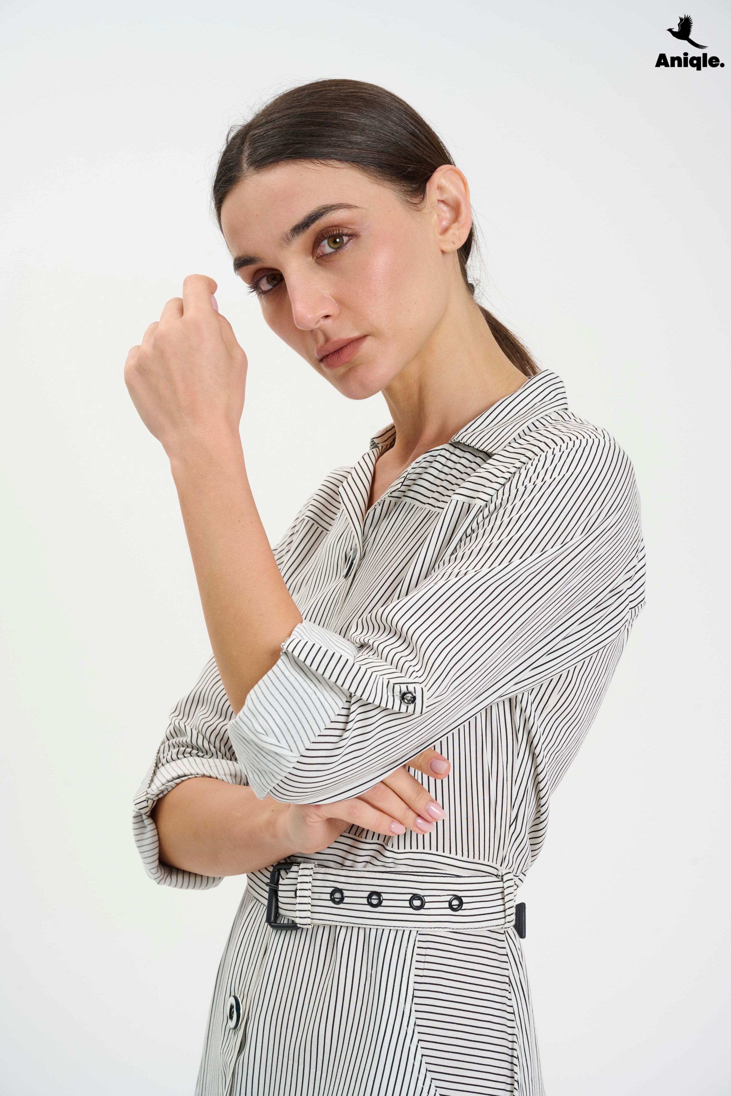 ANQ-10008 White Stripped Shirt Dress
