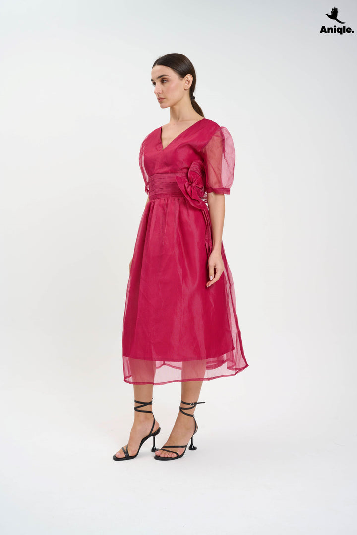 Fuchsia Organza Puff-Sleeve Dress
