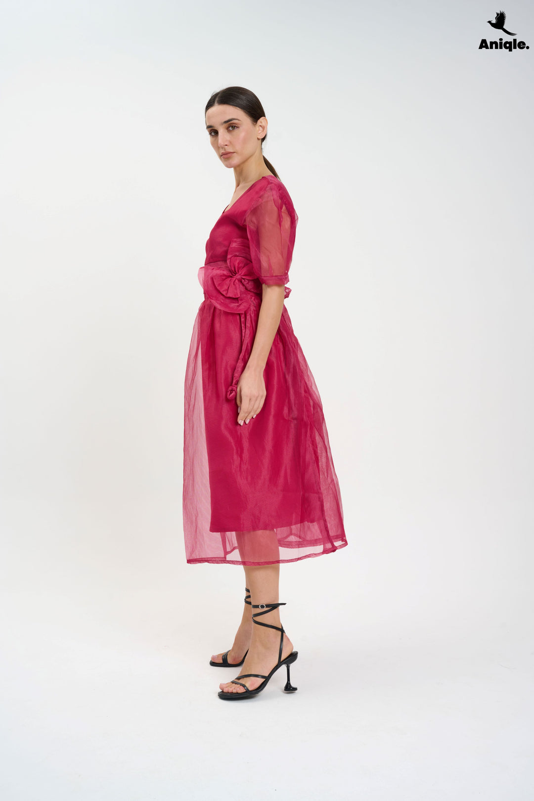 Fuchsia Organza Puff-Sleeve Dress