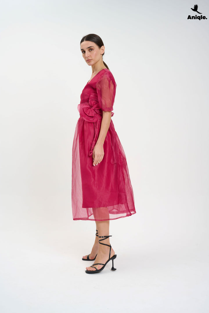 Fuchsia Organza Puff-Sleeve Dress