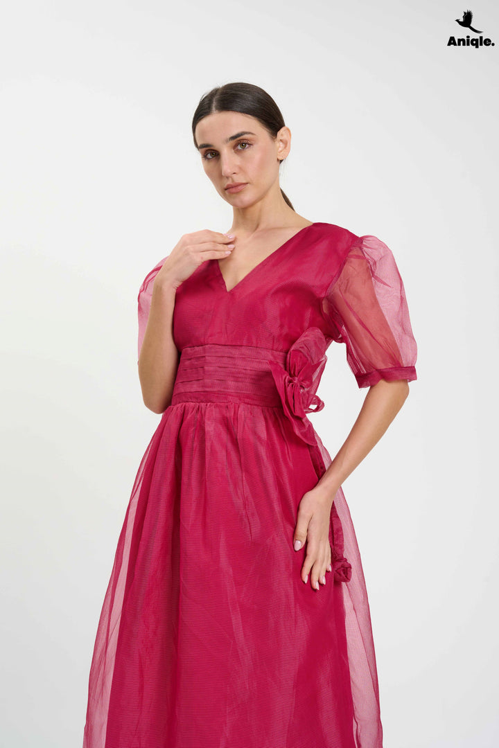 Fuchsia Organza Puff-Sleeve Dress